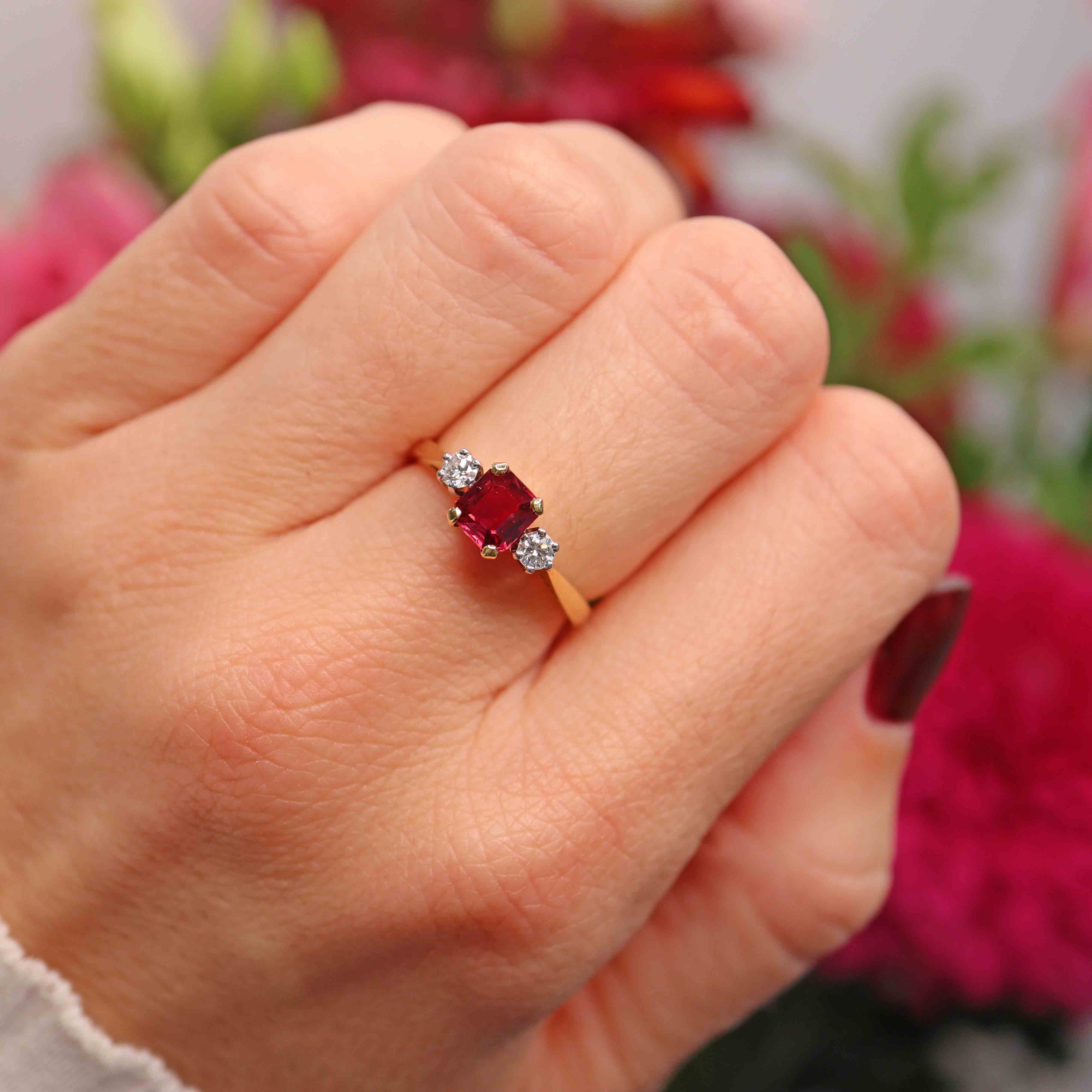 Ellibelle Jewellery Vintage 1985 Ruby & Diamond 18ct Gold Three-Stone Engagement Ring