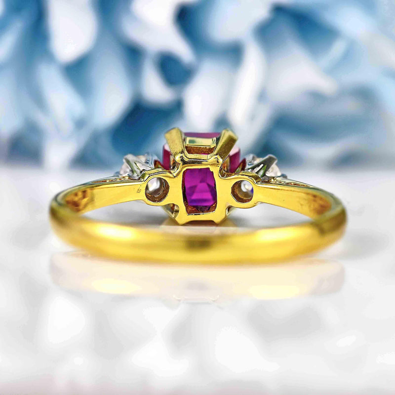 Ellibelle Jewellery Vintage 1985 Ruby & Diamond 18ct Gold Three-Stone Engagement Ring