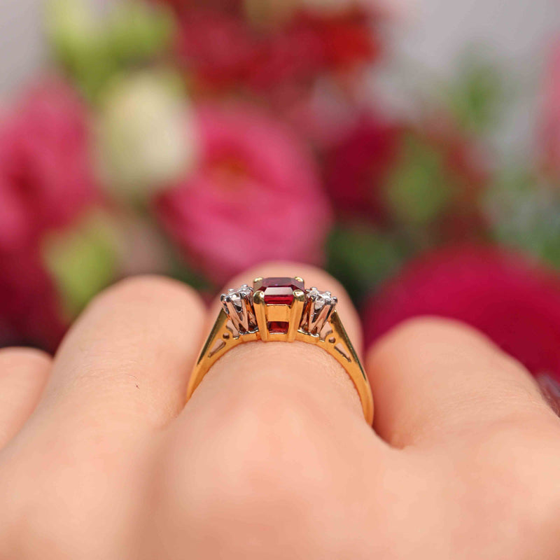 Ellibelle Jewellery Vintage 1985 Ruby & Diamond 18ct Gold Three-Stone Engagement Ring