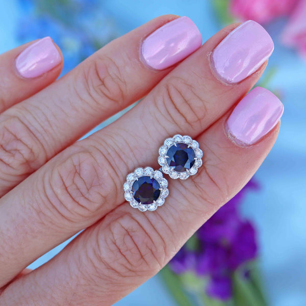 Ellibelle Jewellery Vintage 1985 Sapphire & Diamond 18ct White Gold Cluster Stud Earrings
