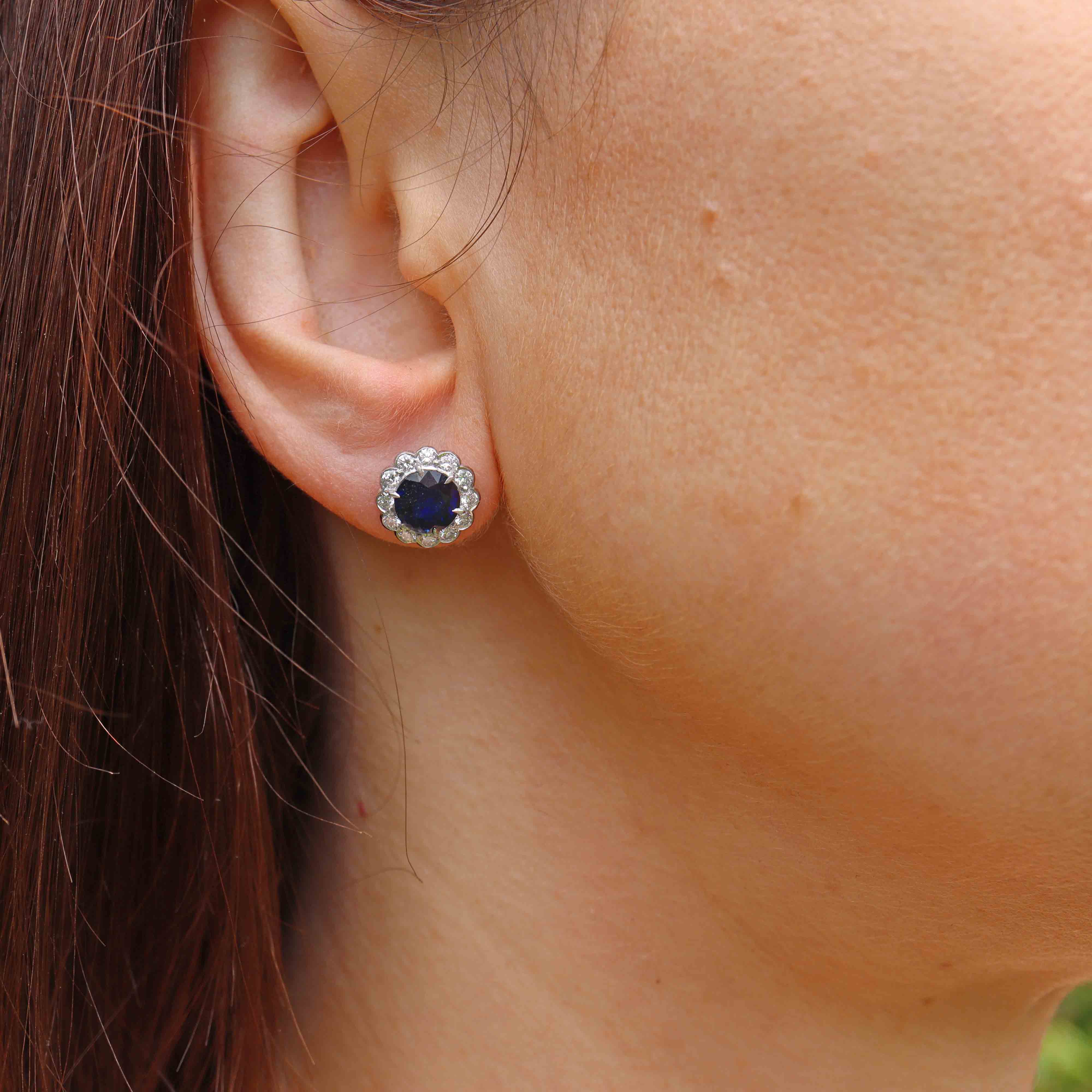 Ellibelle Jewellery Vintage 1985 Sapphire & Diamond 18ct White Gold Cluster Stud Earrings