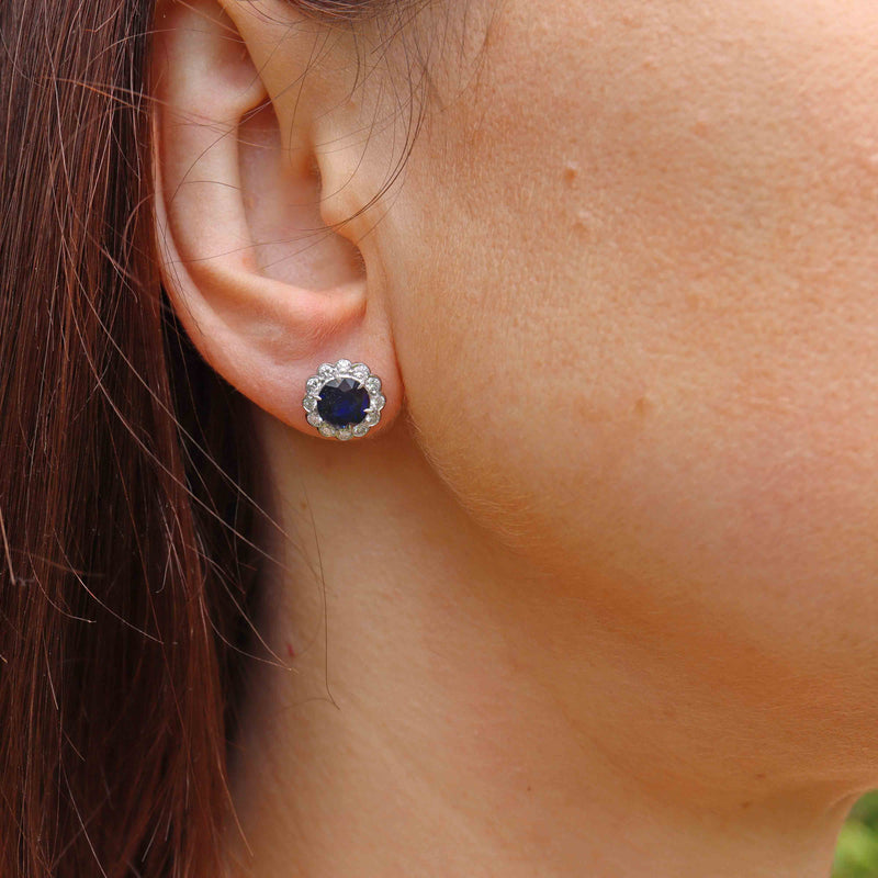 Ellibelle Jewellery Vintage 1985 Sapphire & Diamond 18ct White Gold Cluster Stud Earrings