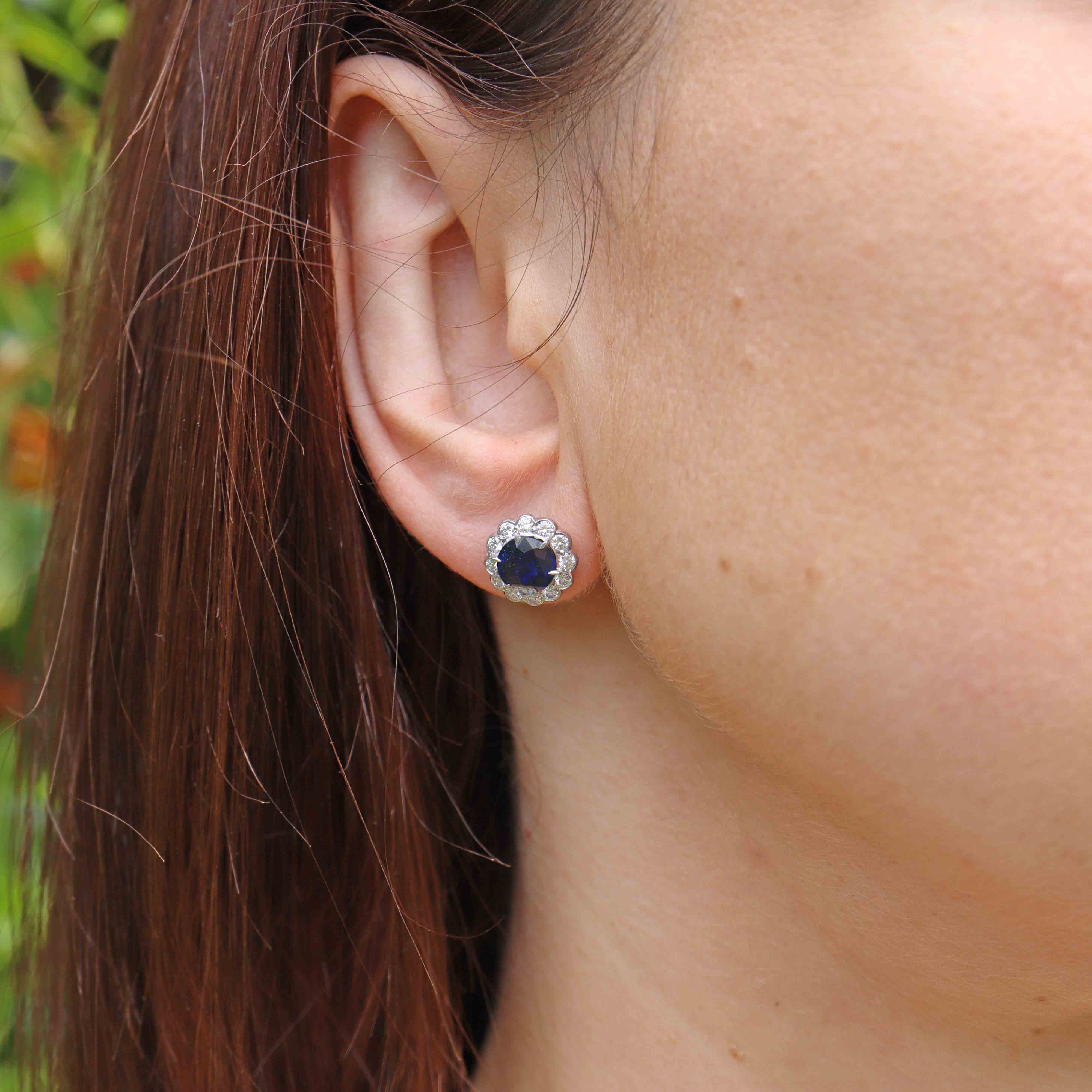 Ellibelle Jewellery Vintage 1985 Sapphire & Diamond 18ct White Gold Cluster Stud Earrings