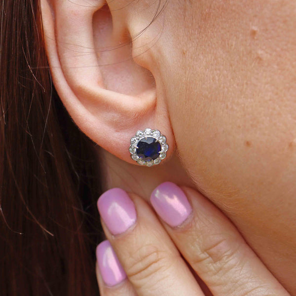 Ellibelle Jewellery Vintage 1985 Sapphire & Diamond 18ct White Gold Cluster Stud Earrings