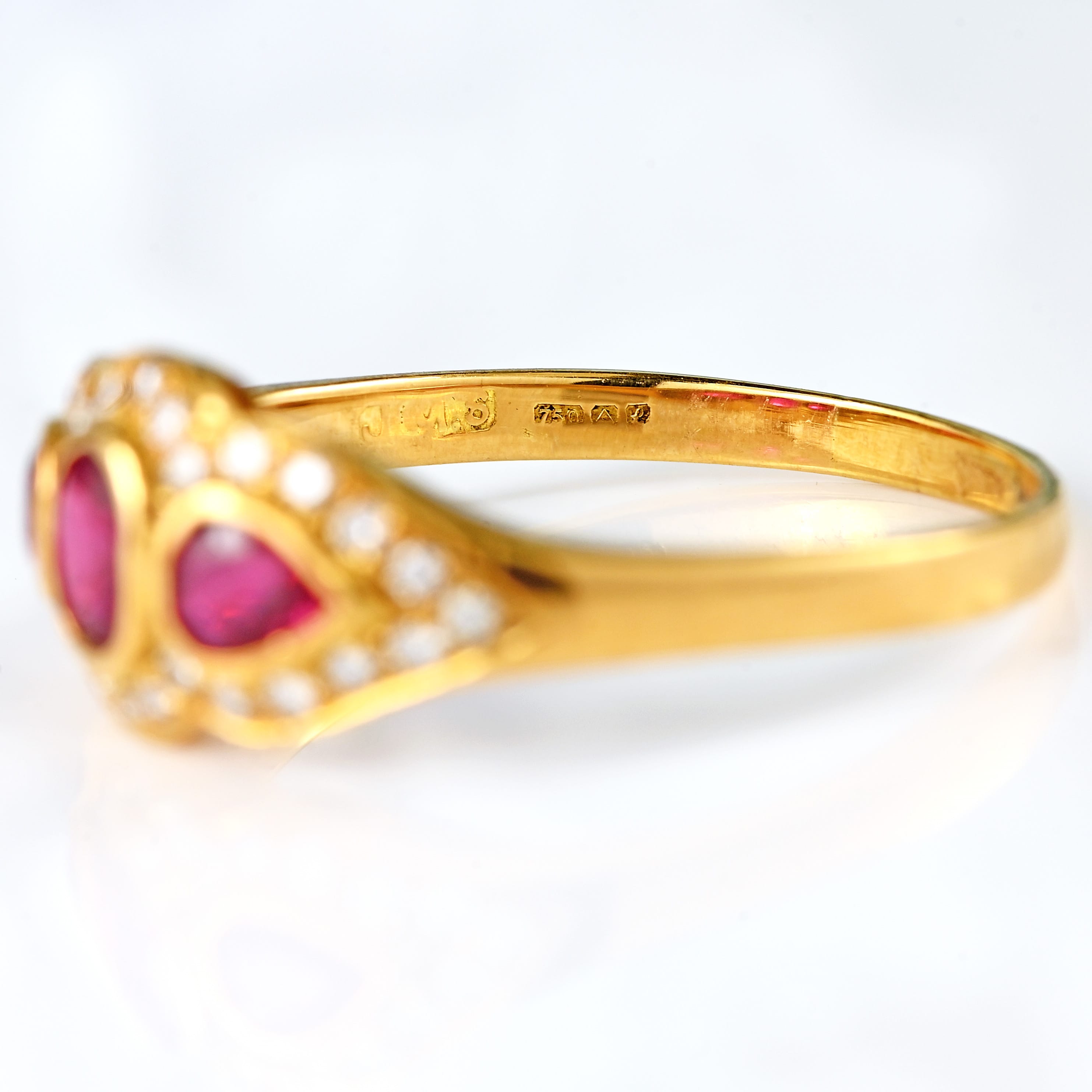 Ellibelle Jewellery Vintage 1985 Vari-Cut Ruby & Diamond 18ct Gold Three-Stone Cluster Ring