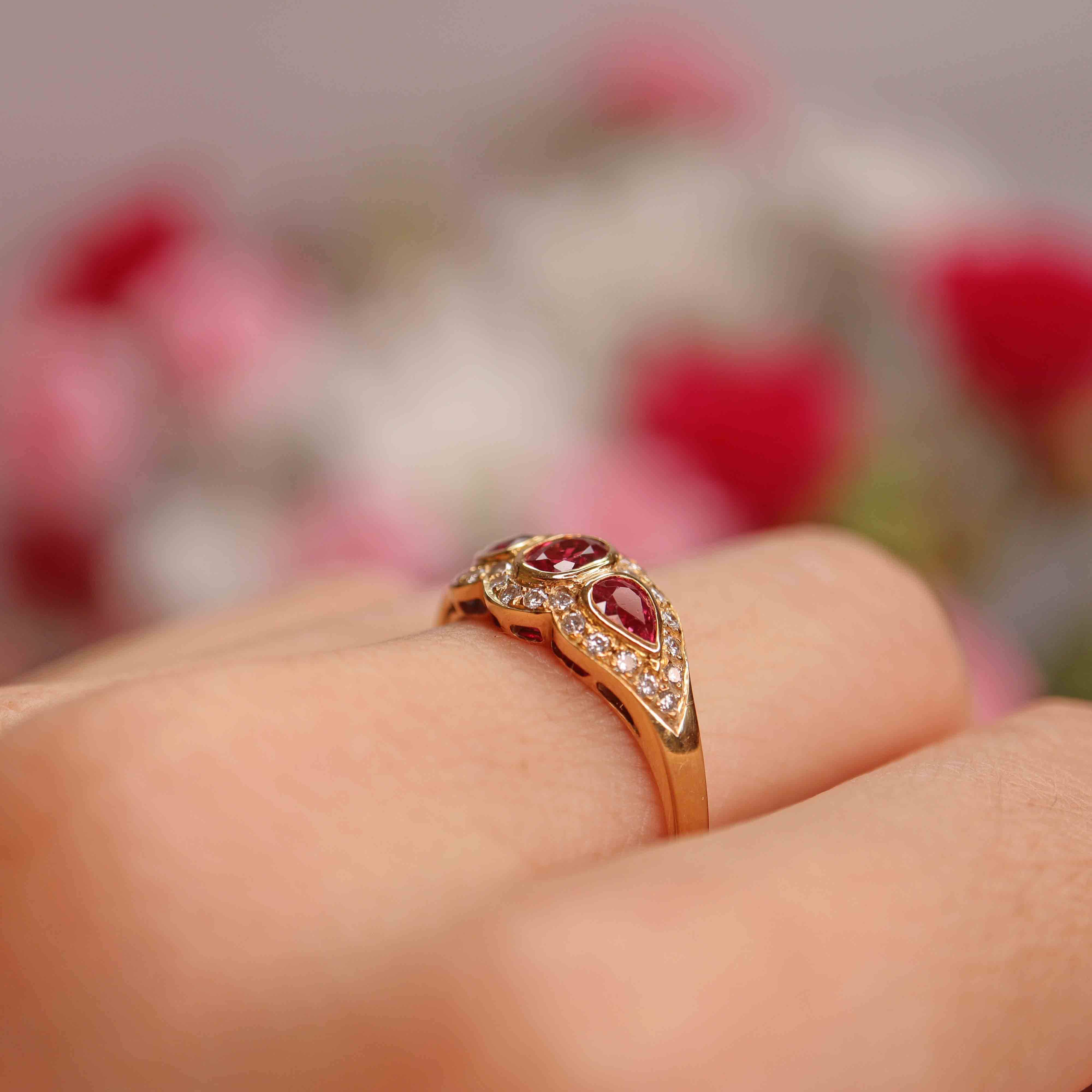 Ellibelle Jewellery Vintage 1985 Vari-Cut Ruby & Diamond 18ct Gold Three-Stone Cluster Ring