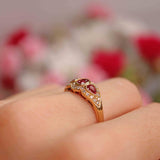 Ellibelle Jewellery Vintage 1985 Vari-Cut Ruby & Diamond 18ct Gold Three-Stone Cluster Ring