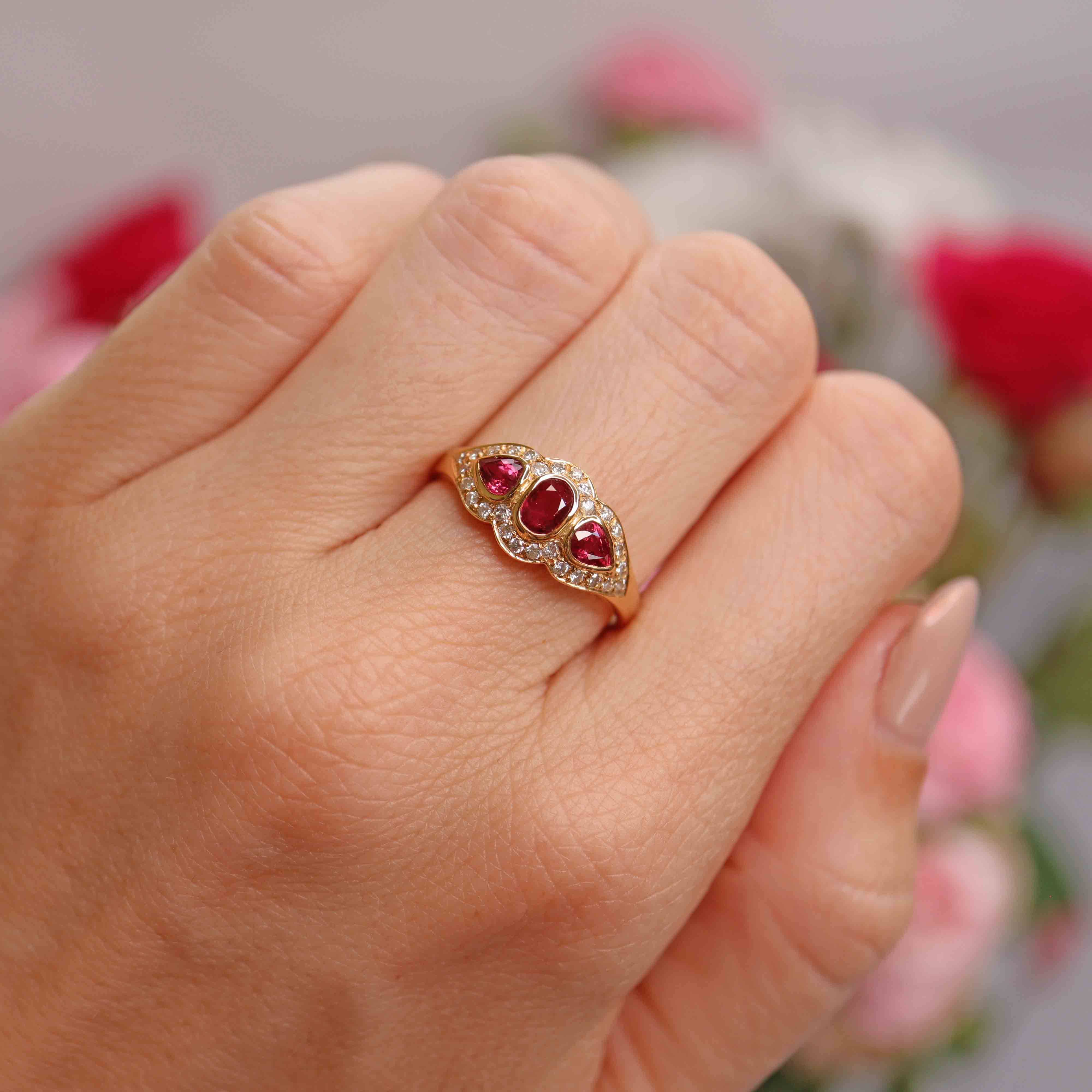 Ellibelle Jewellery Vintage 1985 Vari-Cut Ruby & Diamond 18ct Gold Three-Stone Cluster Ring