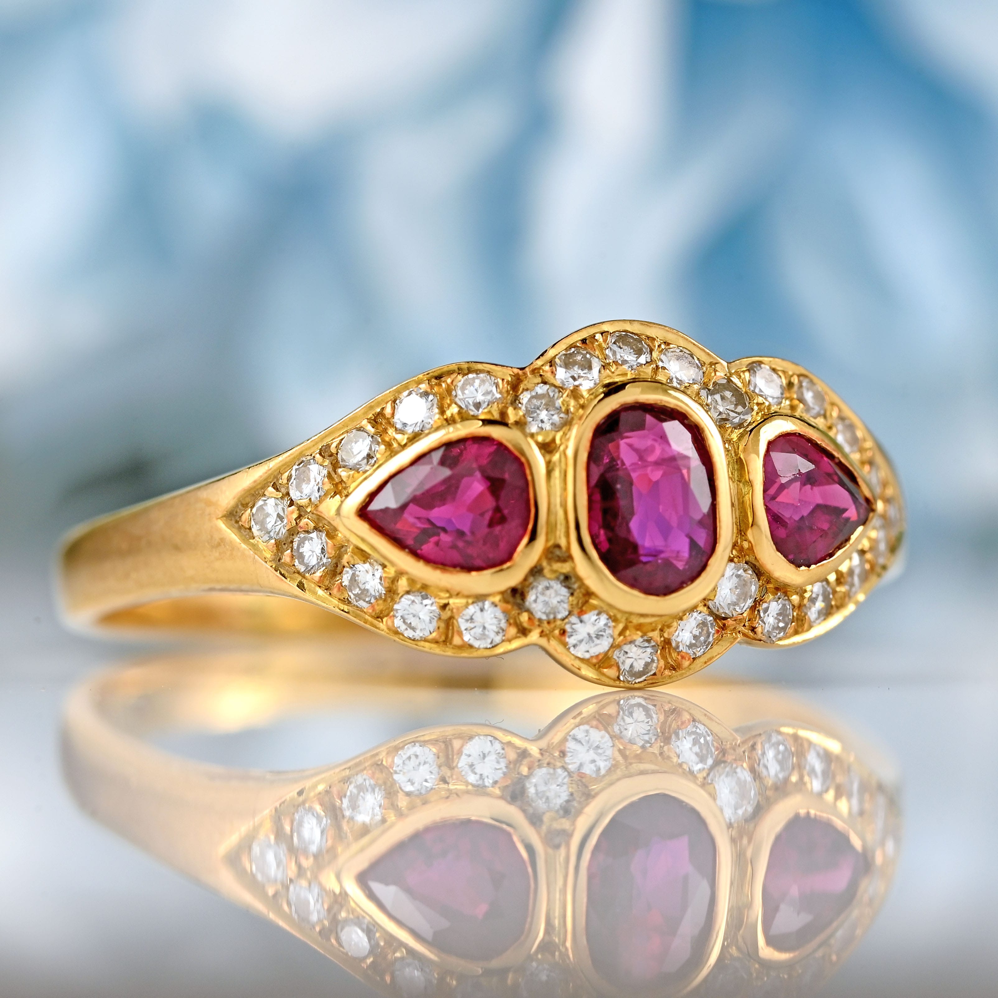 Ellibelle Jewellery Vintage 1985 Vari-Cut Ruby & Diamond 18ct Gold Three-Stone Cluster Ring