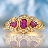 Ellibelle Jewellery Vintage 1985 Vari-Cut Ruby & Diamond 18ct Gold Three-Stone Cluster Ring