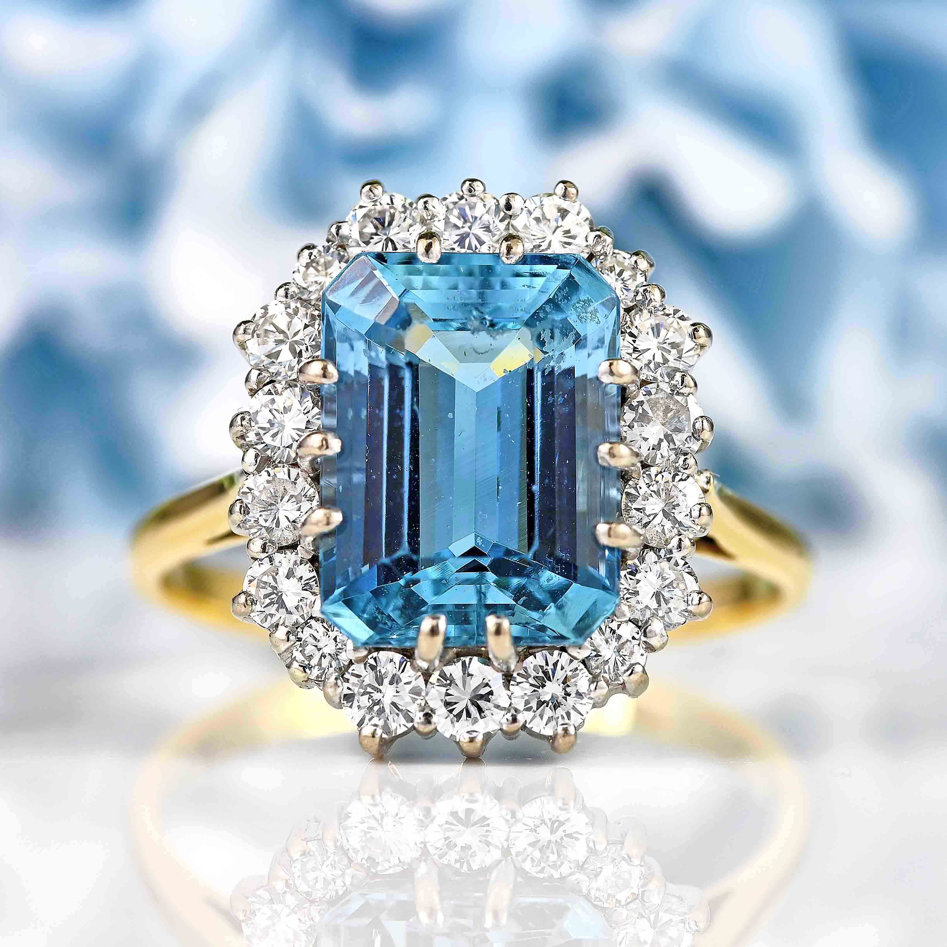 Ellibelle Jewellery Vintage 1986 Aquamarine & Diamond 18ct Gold Engagement Ring (3.67ct)