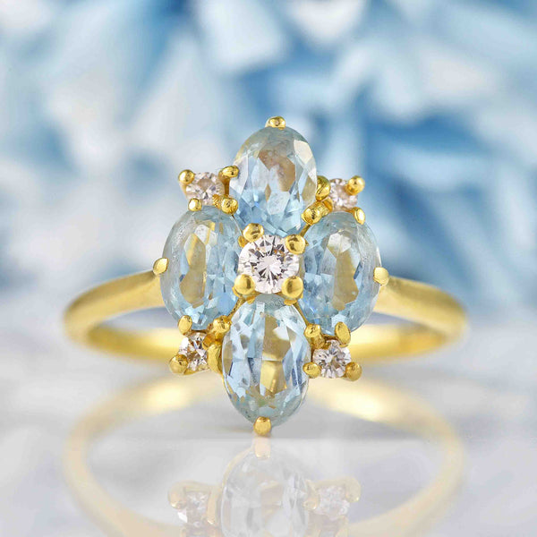 Ellibelle Jewellery Vintage 1986 Aquamarine & Diamond 18ct Gold Ring