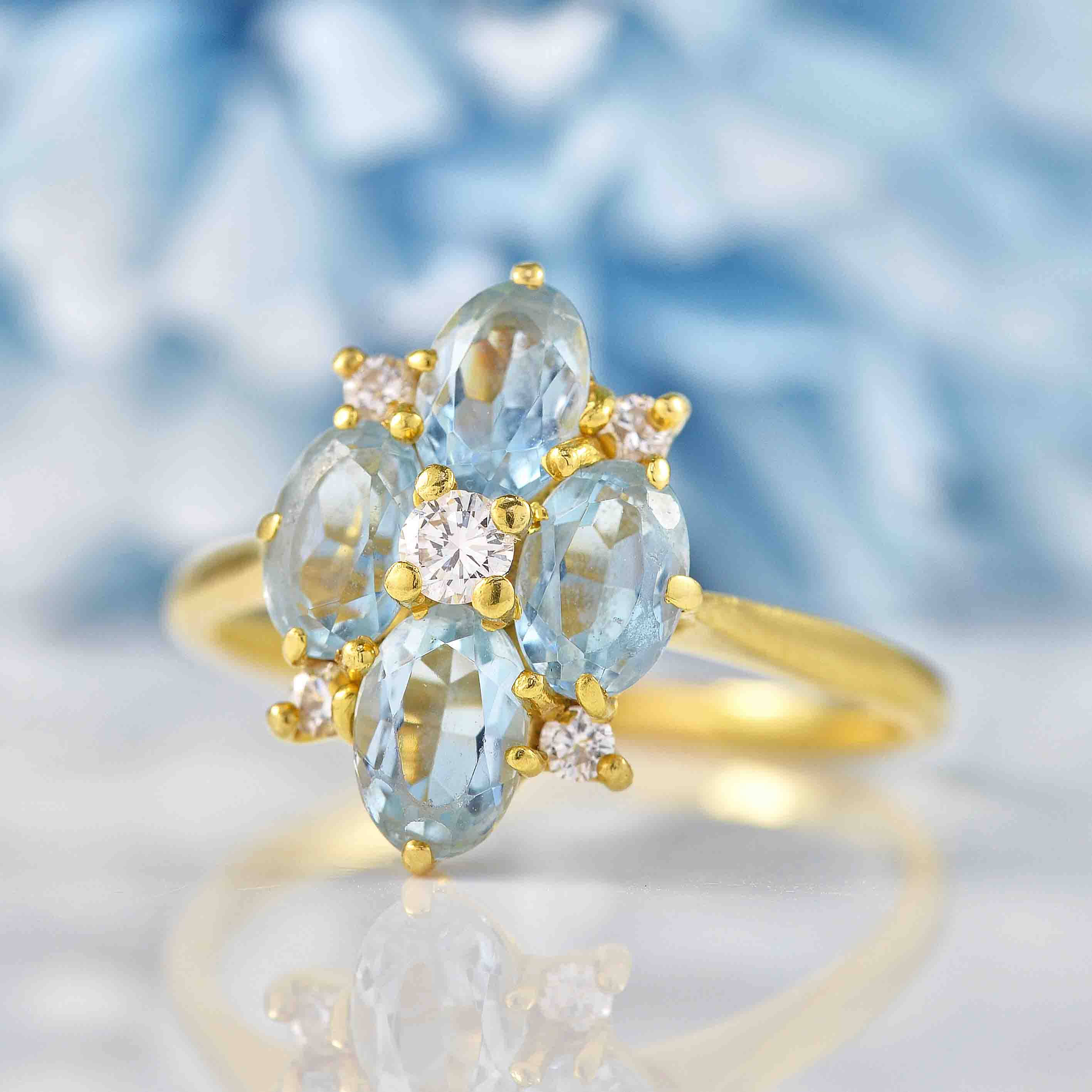 Ellibelle Jewellery Vintage 1986 Aquamarine & Diamond 18ct Gold Ring