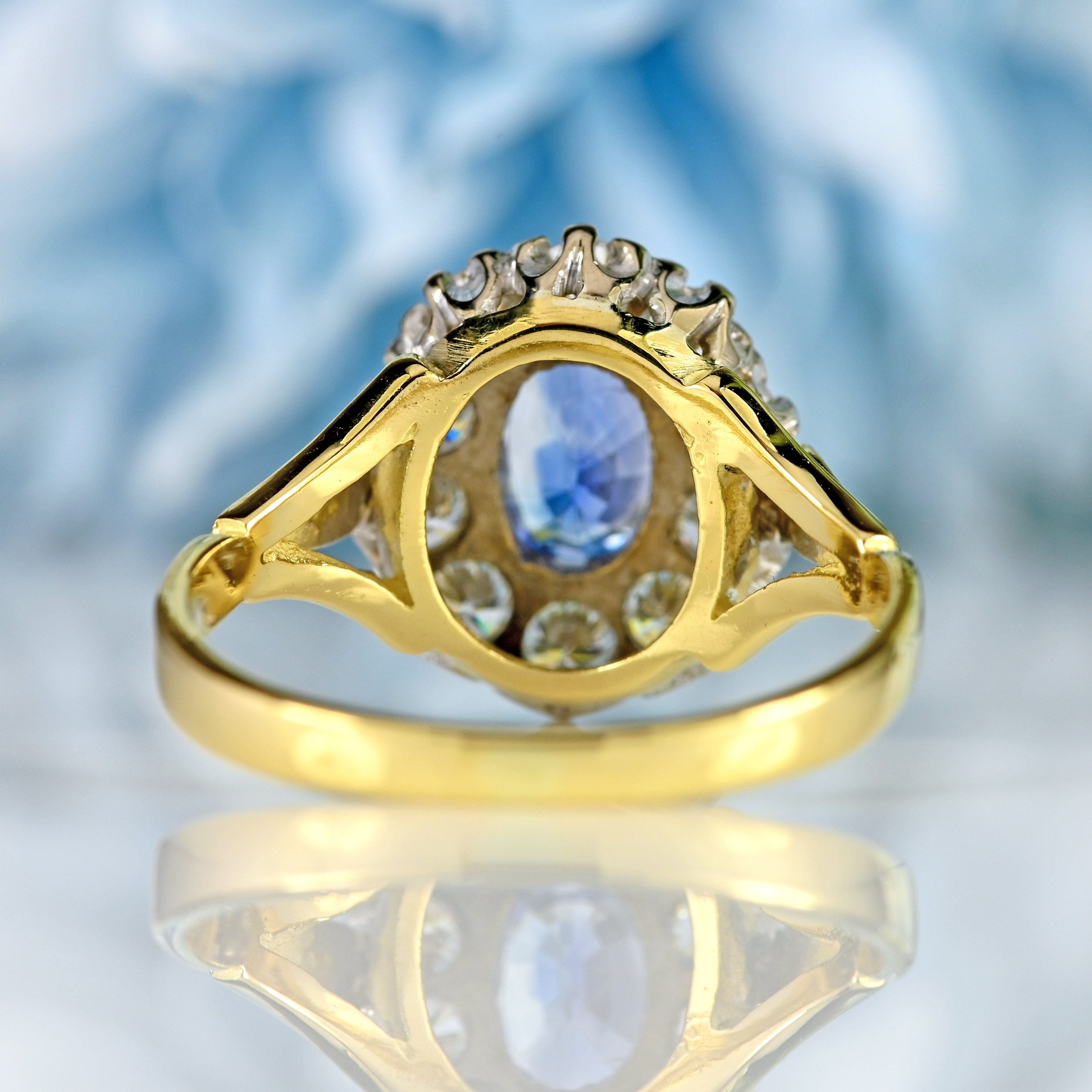 Ellibelle Jewellery Vintage 1986 Ceylon Sapphire & Diamond 18ct Gold Cluster Ring