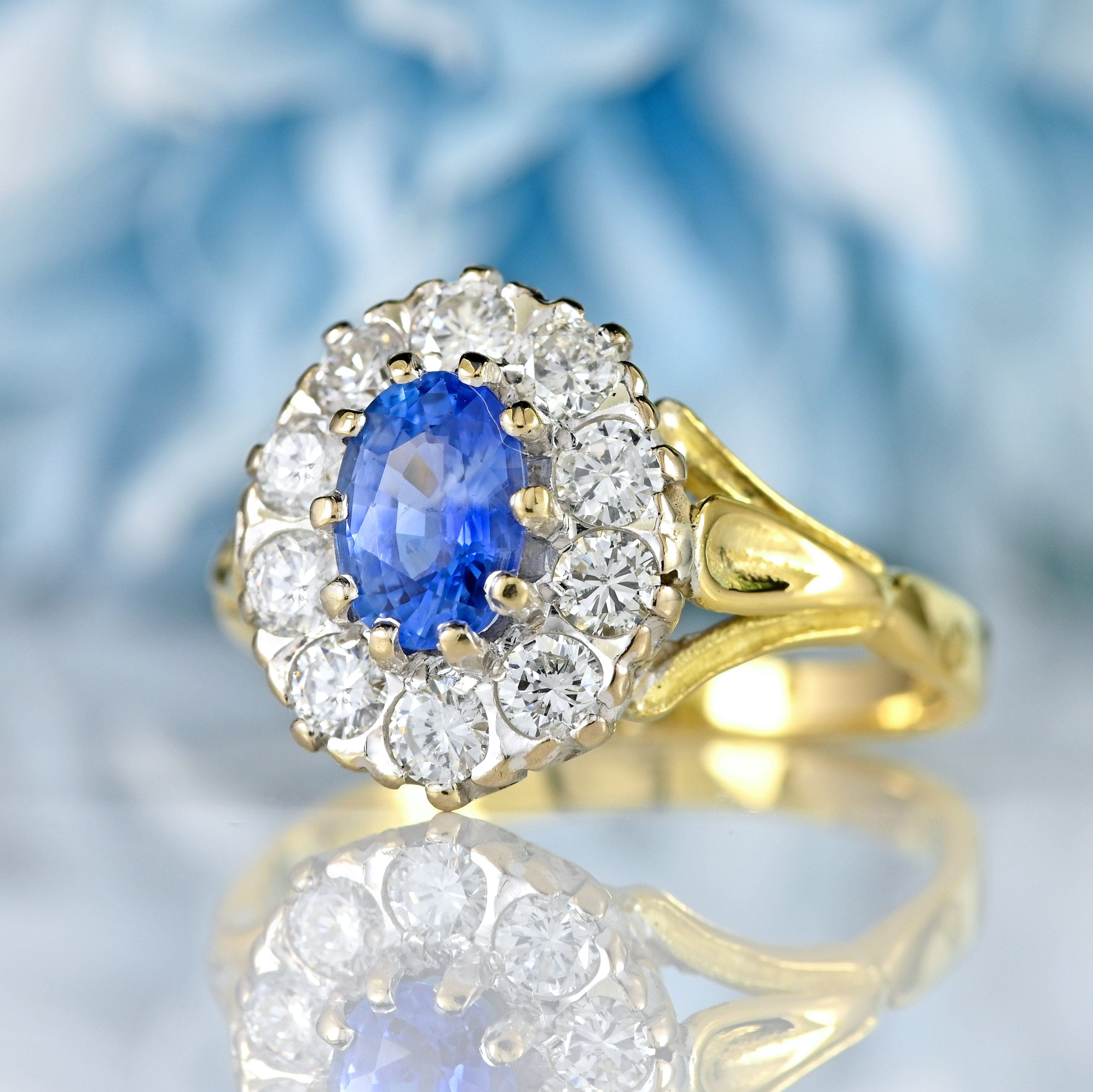 Ellibelle Jewellery Vintage 1986 Ceylon Sapphire & Diamond 18ct Gold Cluster Ring
