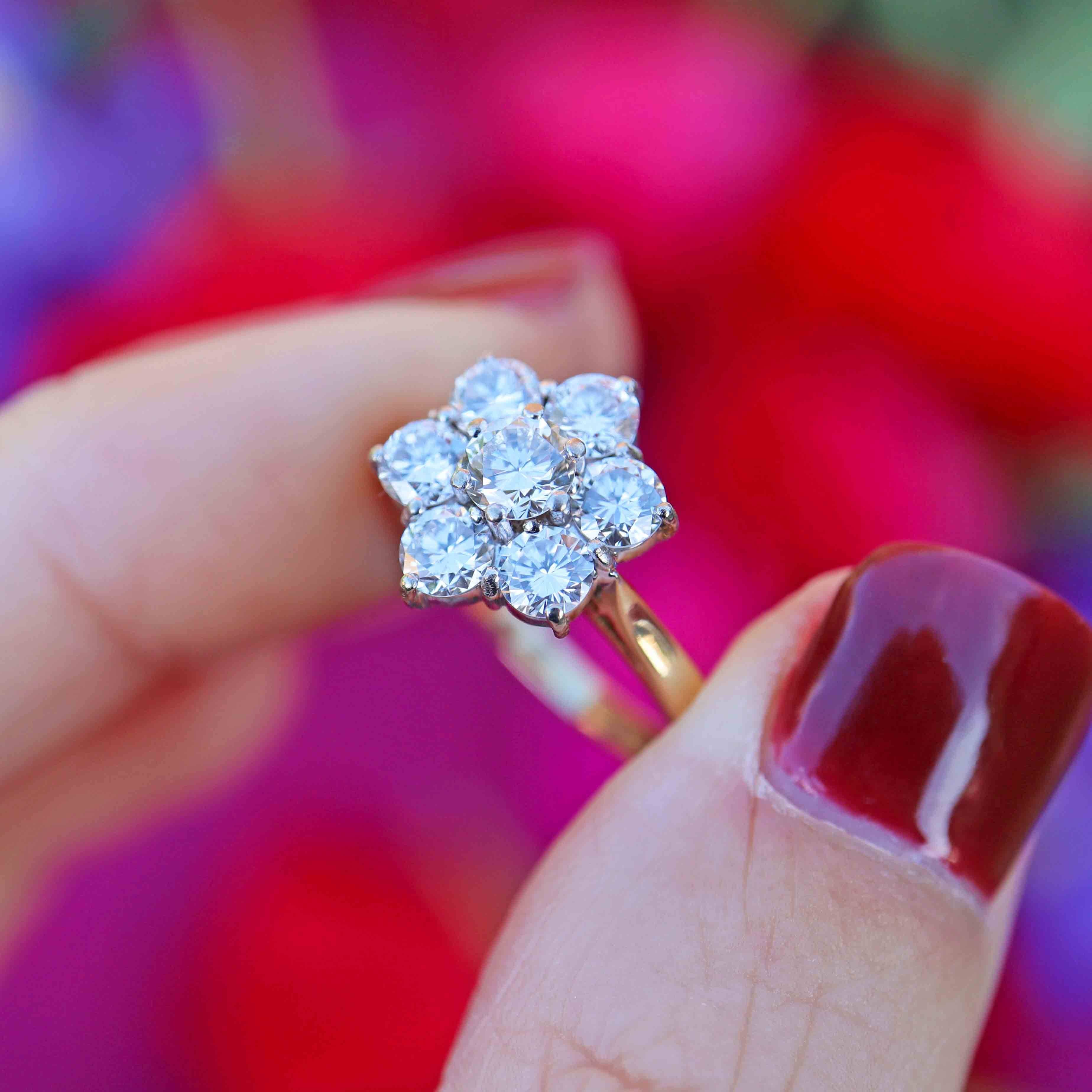 Ellibelle Jewellery Vintage 1986 Diamond 18ct Gold Daisy Cluster Ring (1.26cts)