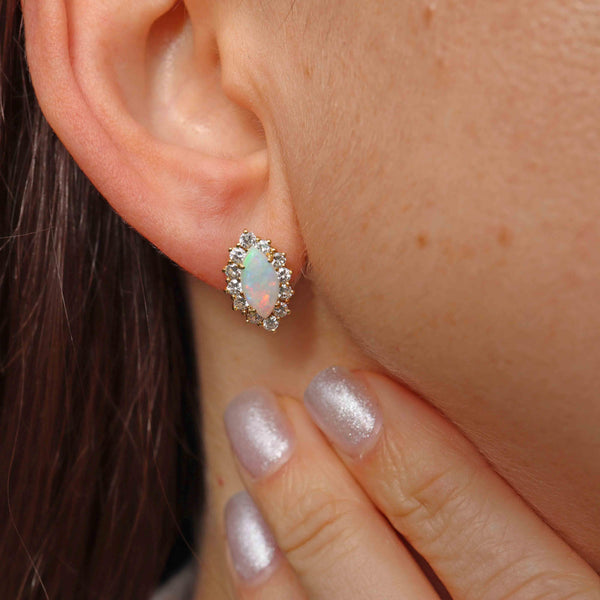 Ellibelle Jewellery Vintage 1986 Opal & Diamond 18ct Gold Marquise Cluster Stud Earrings