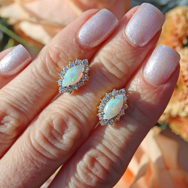 Ellibelle Jewellery Vintage 1986 Opal & Diamond 18ct Gold Marquise Cluster Stud Earrings