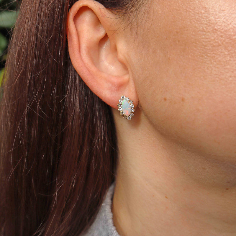 Ellibelle Jewellery Vintage 1986 Opal & Diamond 18ct Gold Marquise Cluster Stud Earrings