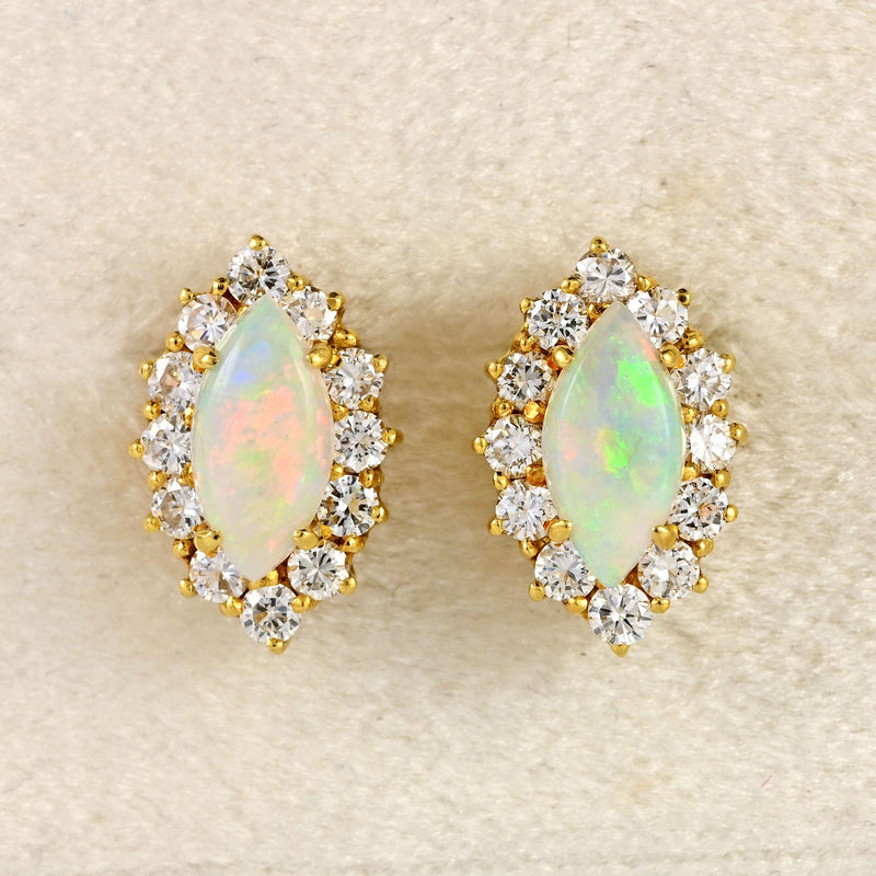 Ellibelle Jewellery Vintage 1986 Opal & Diamond 18ct Gold Marquise Cluster Stud Earrings