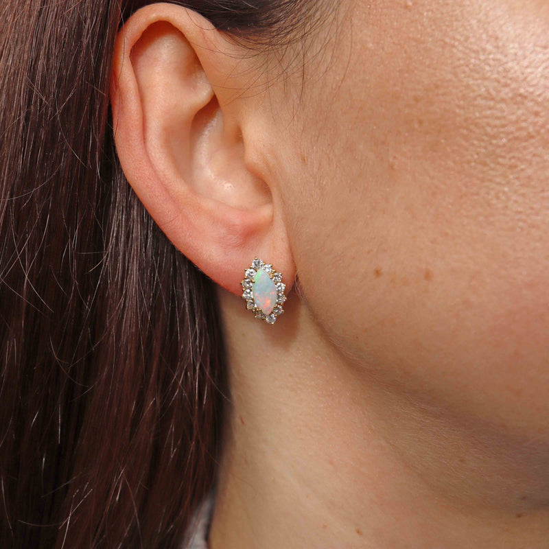 Ellibelle Jewellery Vintage 1986 Opal & Diamond 18ct Gold Marquise Cluster Stud Earrings