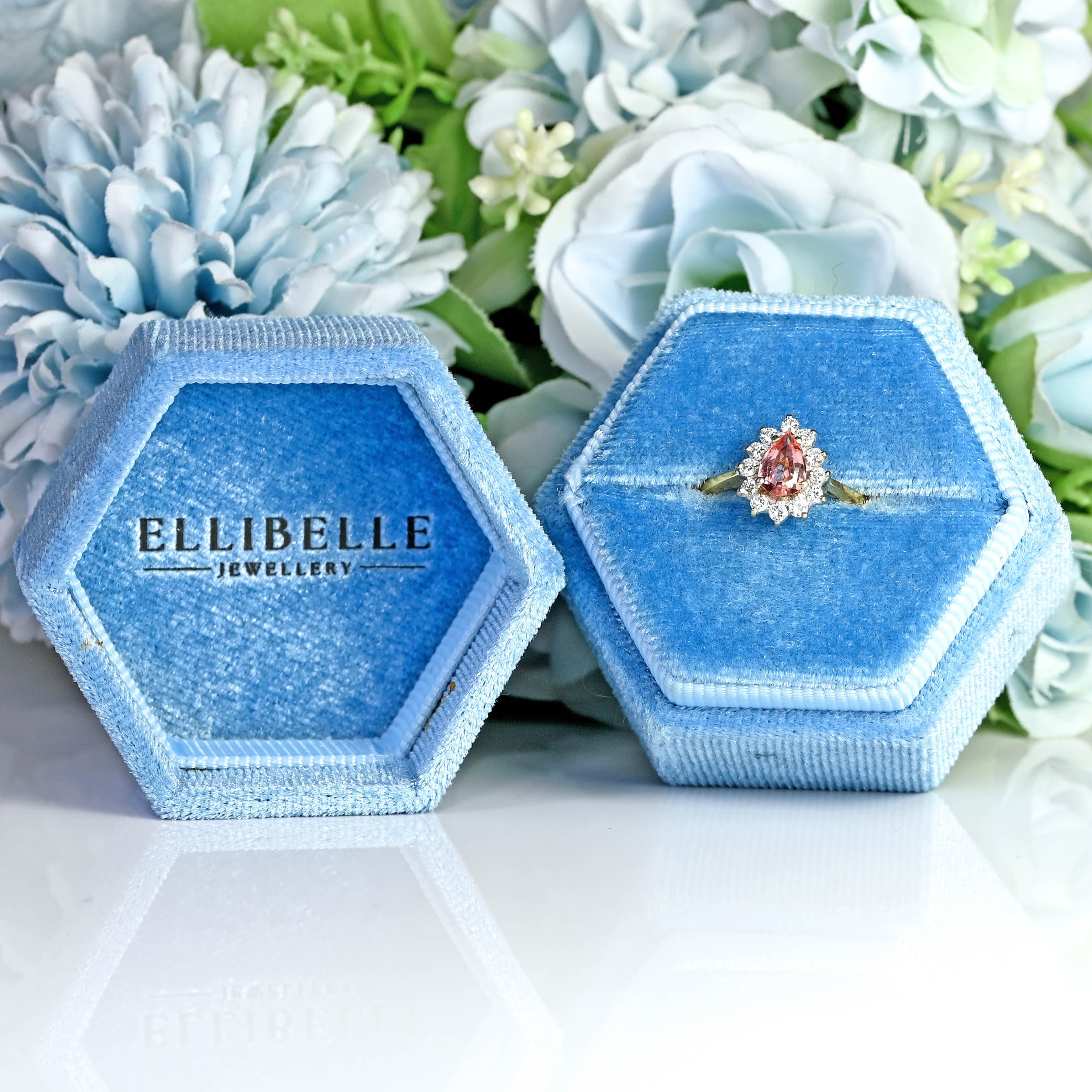 Ellibelle Jewellery Vintage 1986 Rose-Pink Topaz & Diamond 18ct Gold Pear Cluster Ring