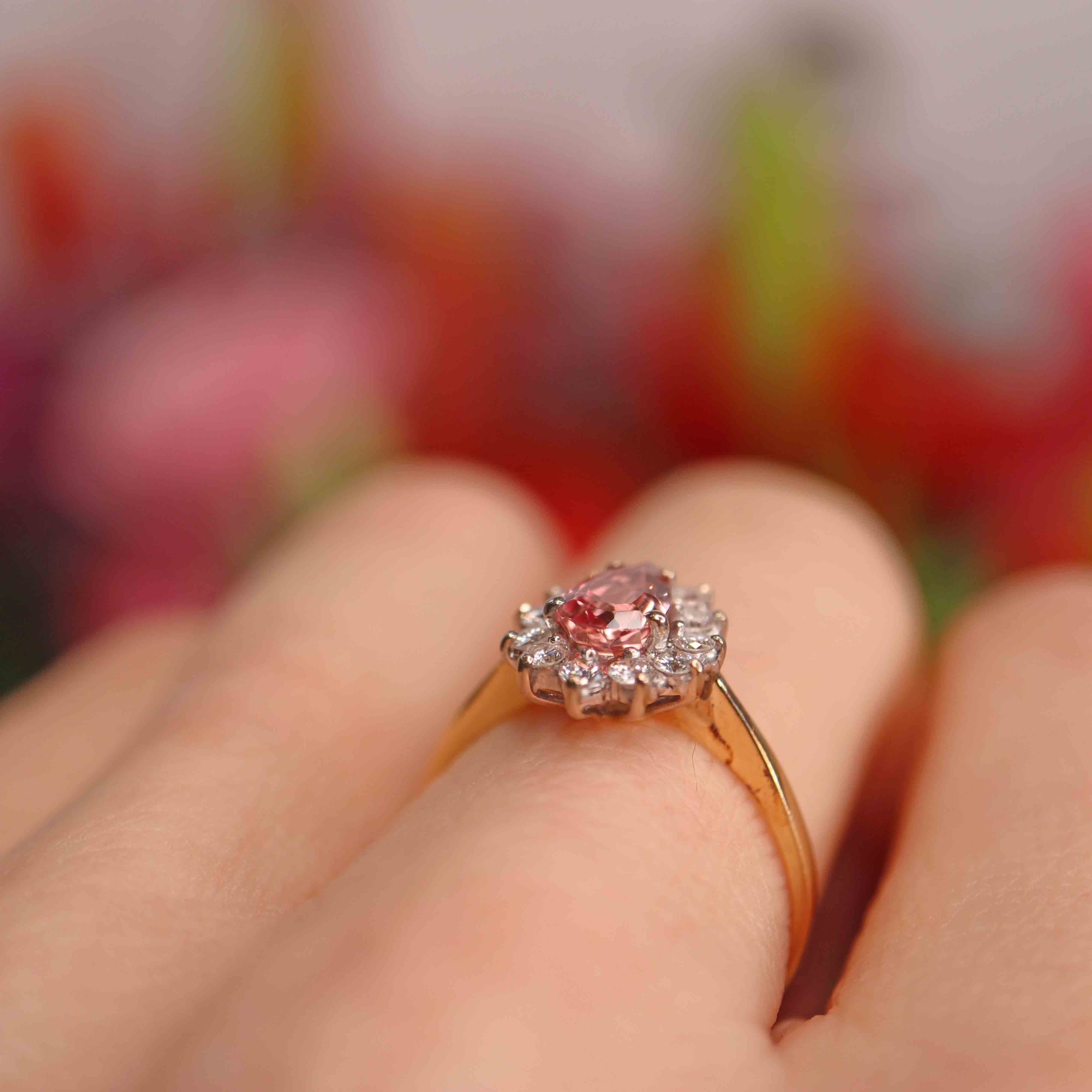 Ellibelle Jewellery Vintage 1986 Rose-Pink Topaz & Diamond 18ct Gold Pear Cluster Ring