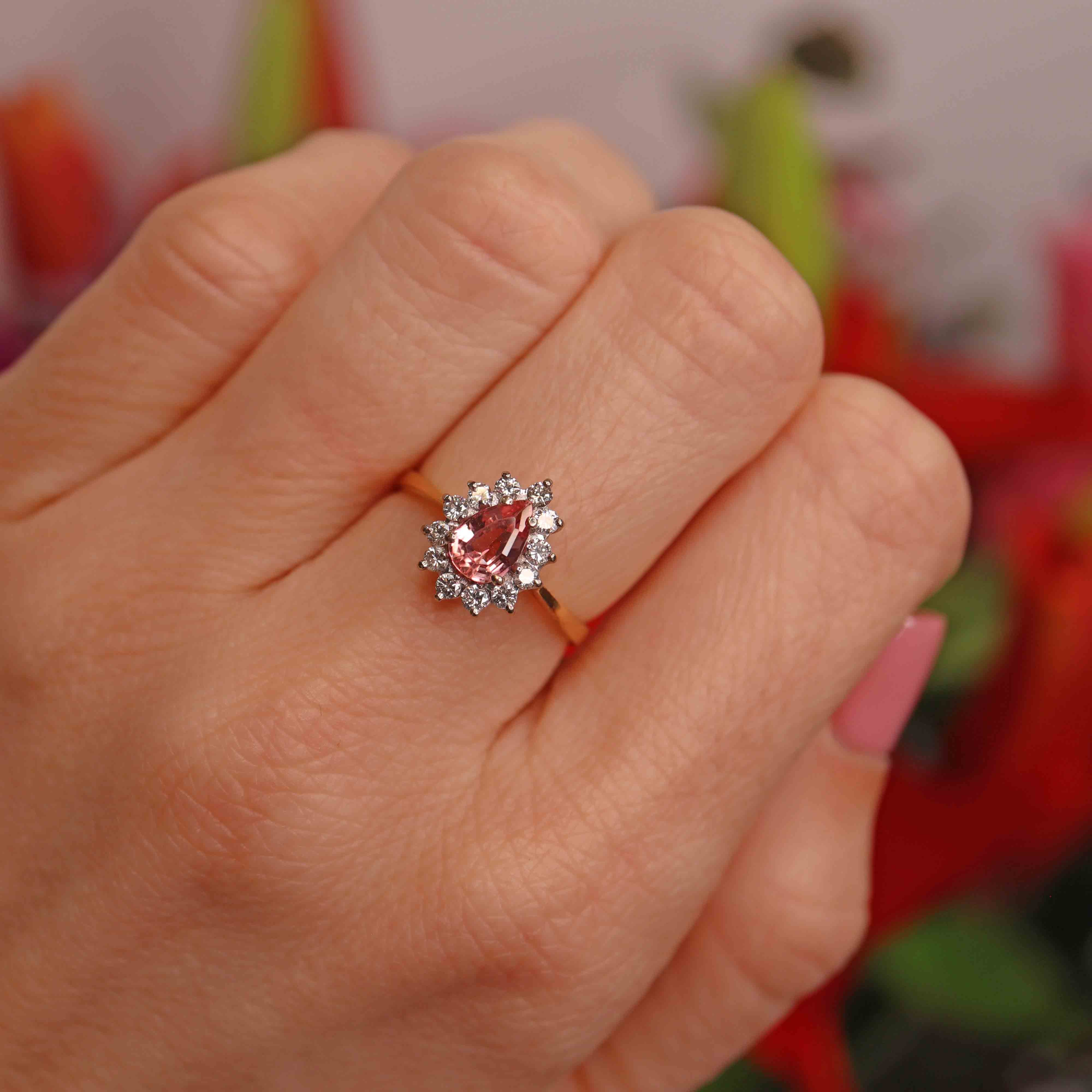 Ellibelle Jewellery Vintage 1986 Rose-Pink Topaz & Diamond 18ct Gold Pear Cluster Ring