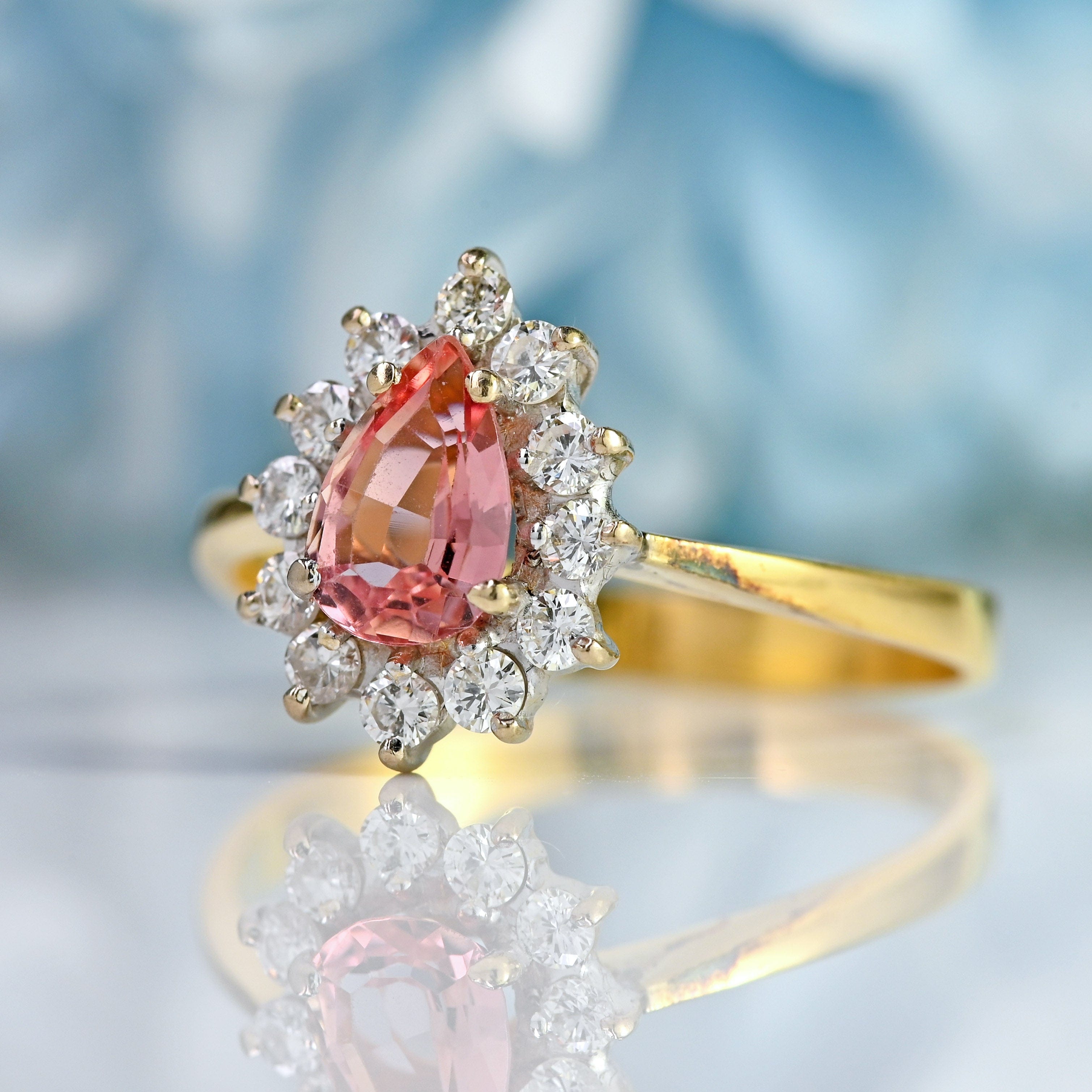 Ellibelle Jewellery Vintage 1986 Rose-Pink Topaz & Diamond 18ct Gold Pear Cluster Ring