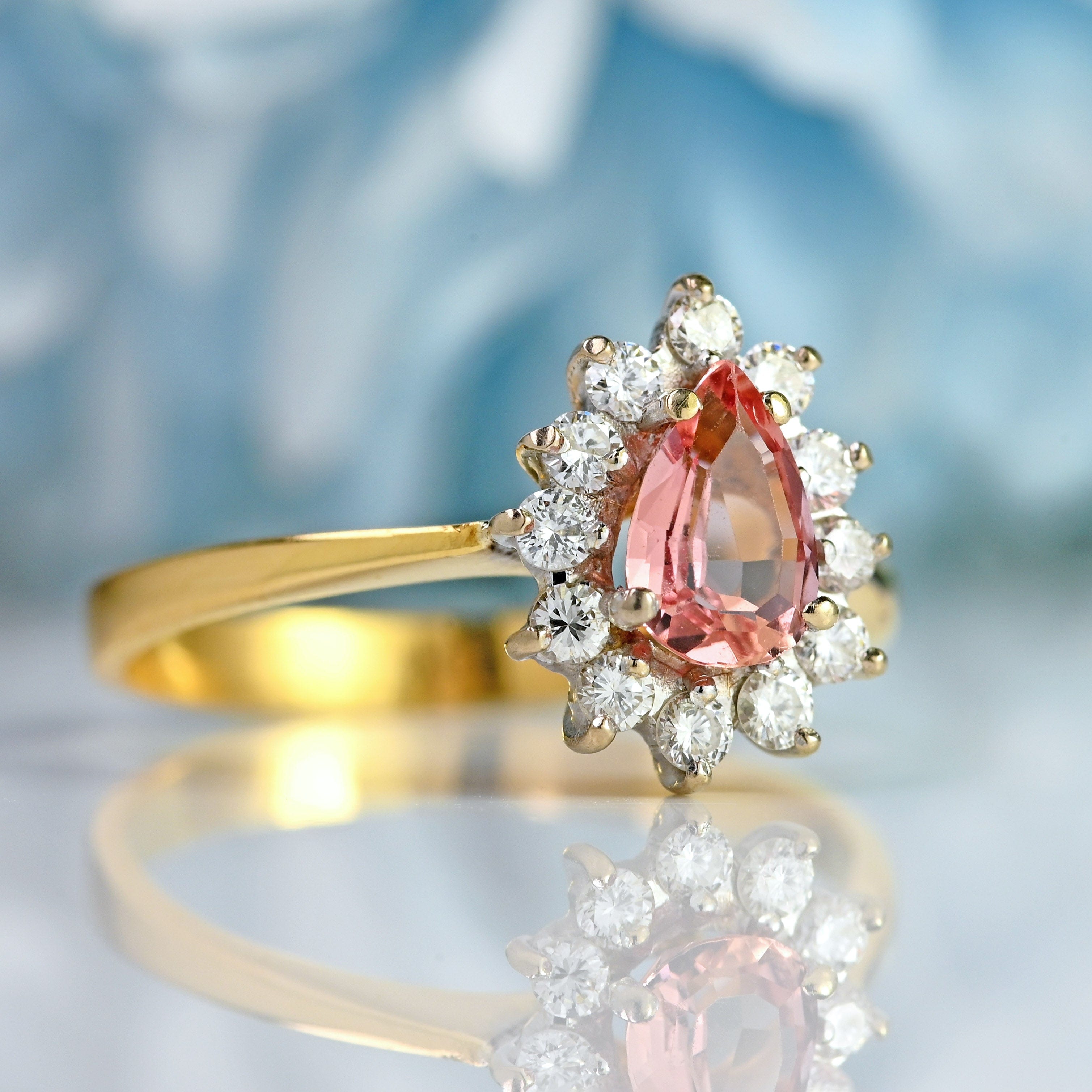 Ellibelle Jewellery Vintage 1986 Rose-Pink Topaz & Diamond 18ct Gold Pear Cluster Ring