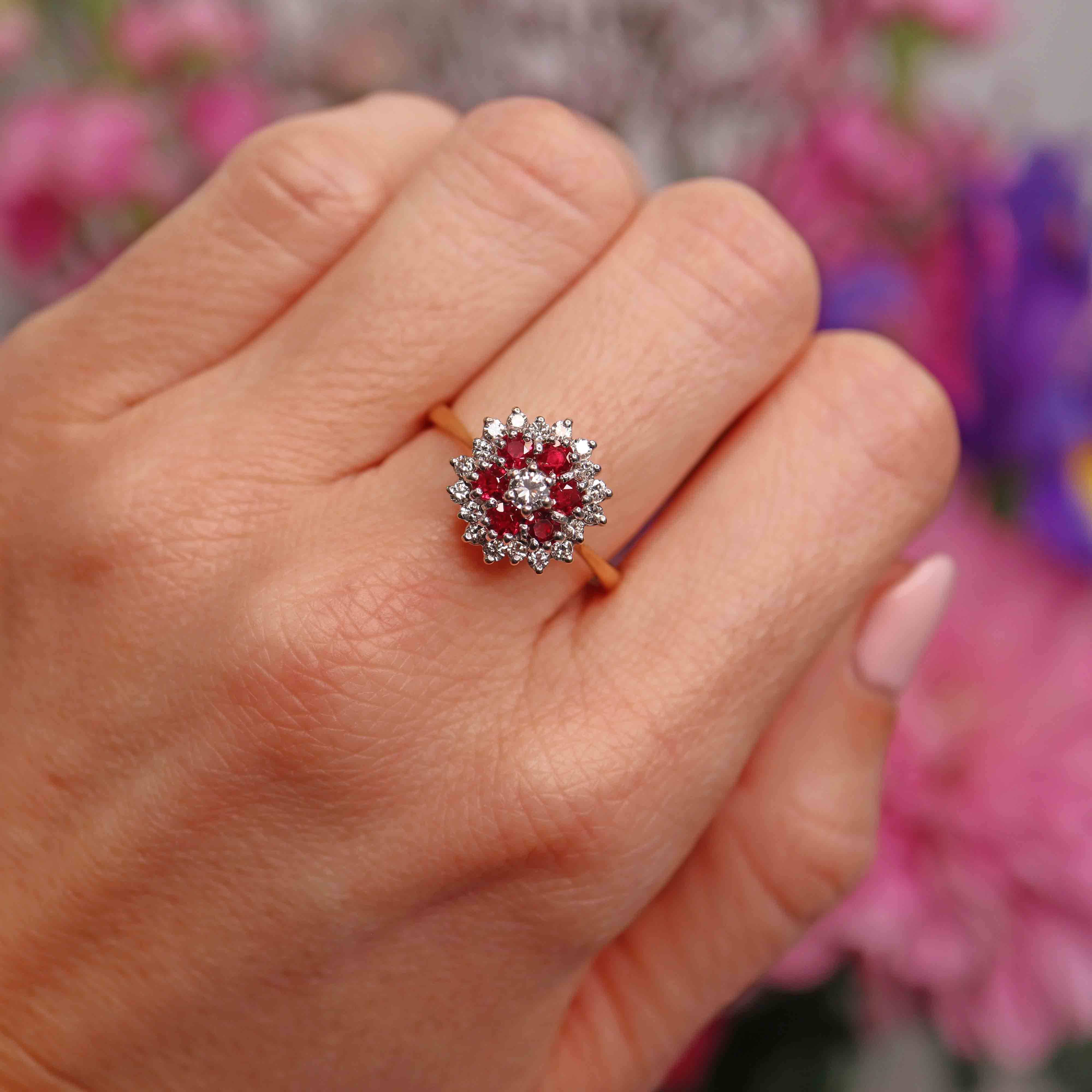 Ellibelle Jewellery Vintage 1986 Ruby & Diamond 18ct Gold Cluster Ring