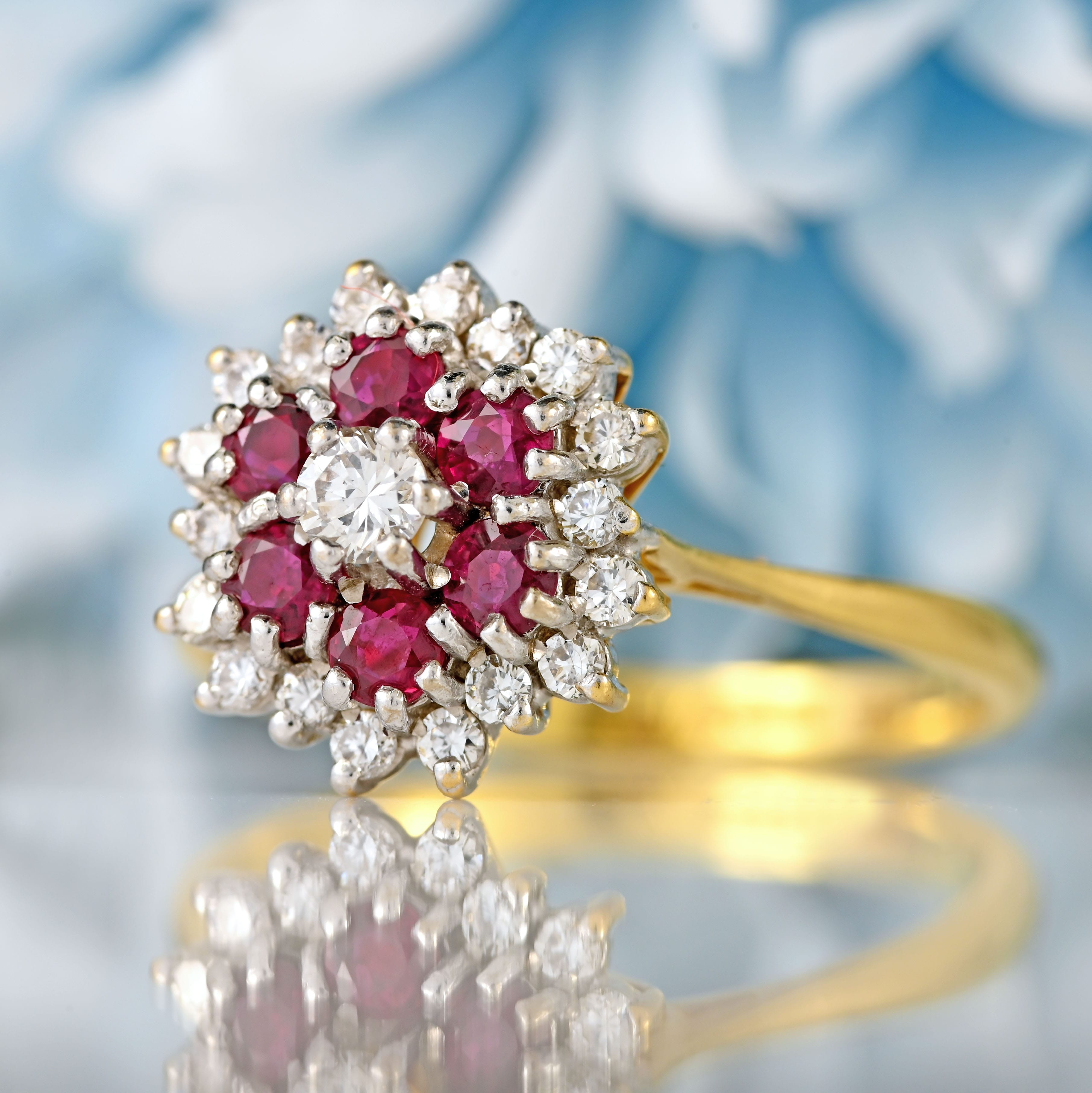 Ellibelle Jewellery Vintage 1986 Ruby & Diamond 18ct Gold Cluster Ring
