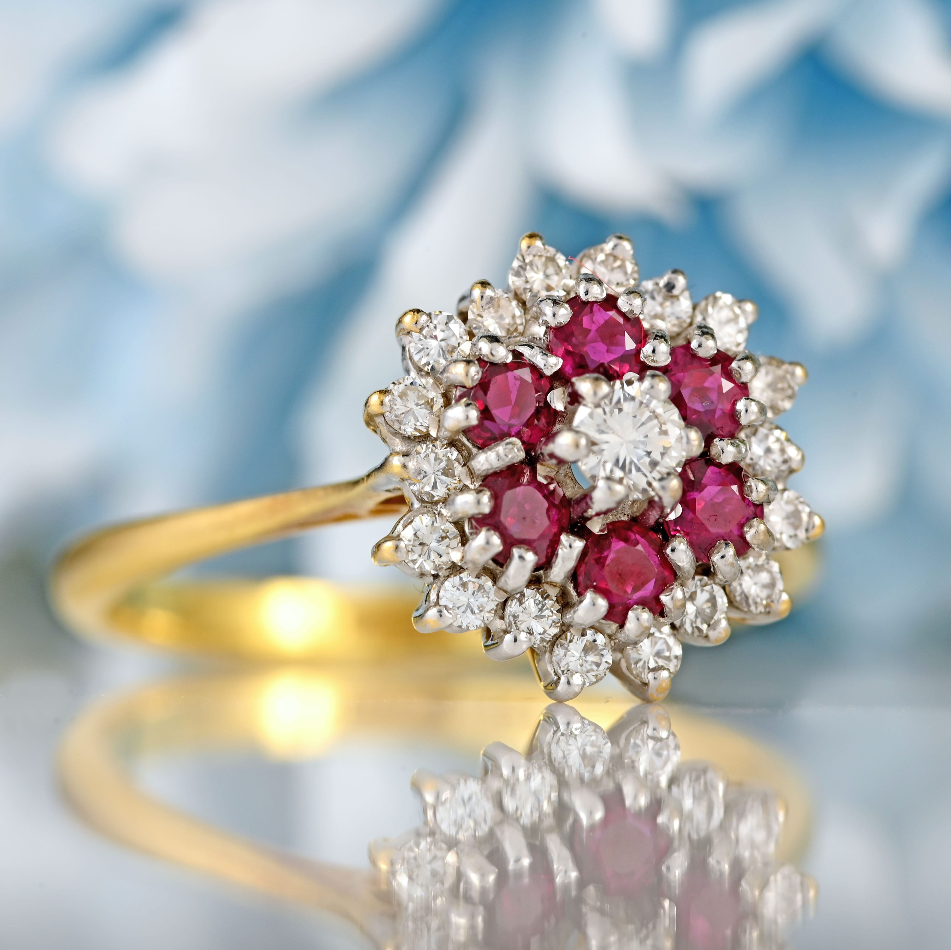 Ellibelle Jewellery Vintage 1986 Ruby & Diamond 18ct Gold Cluster Ring