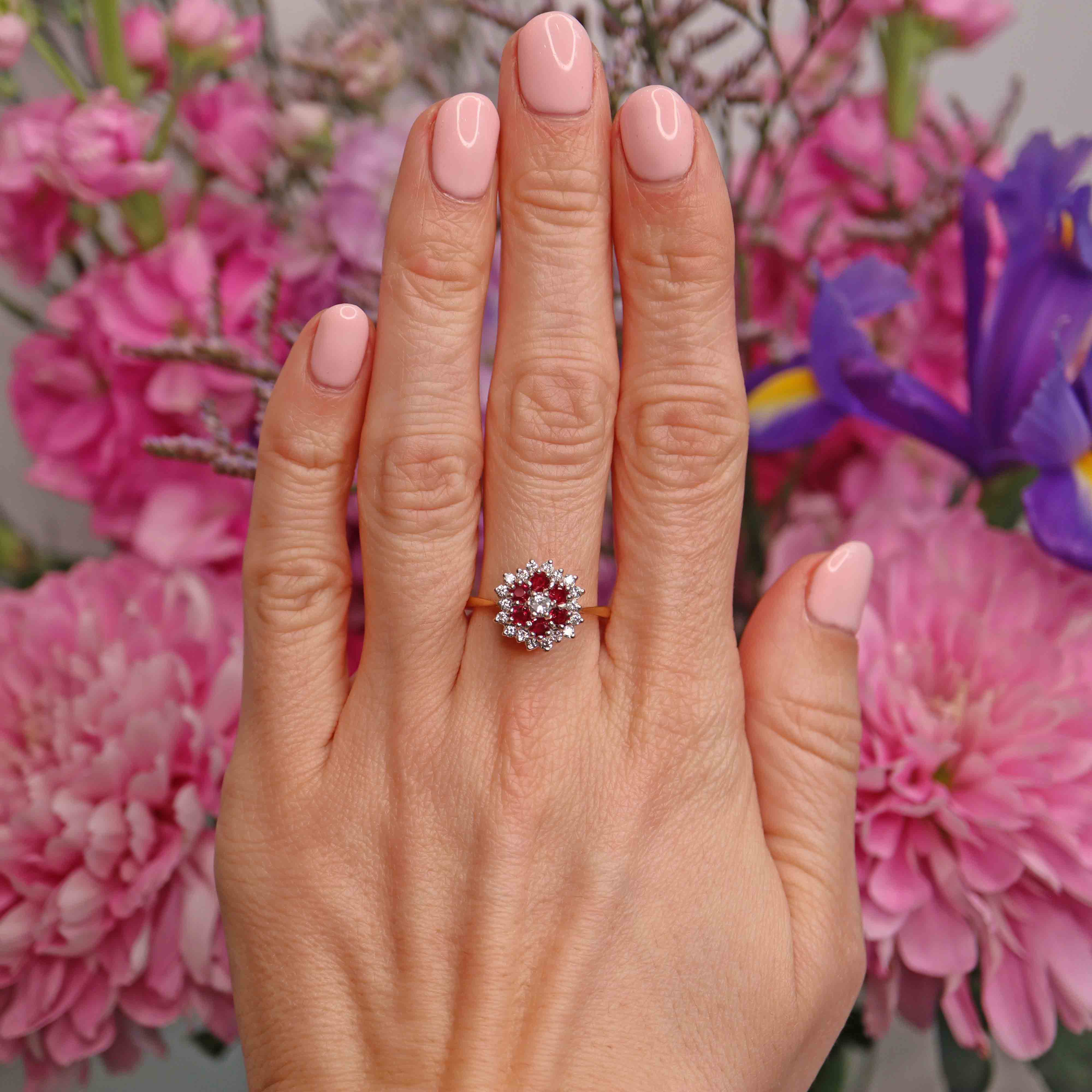 Ellibelle Jewellery Vintage 1986 Ruby & Diamond 18ct Gold Cluster Ring