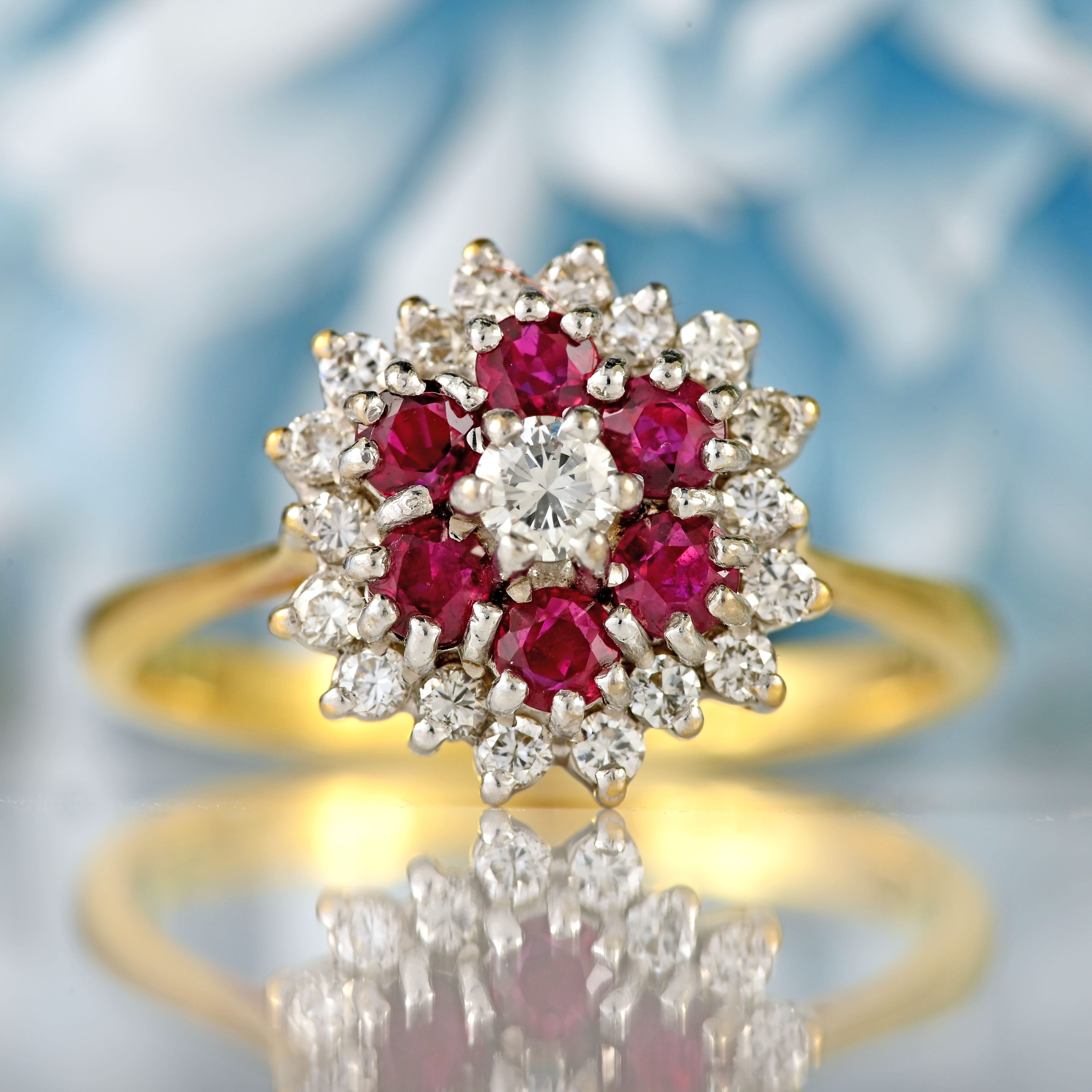 Ellibelle Jewellery Vintage 1986 Ruby & Diamond 18ct Gold Cluster Ring