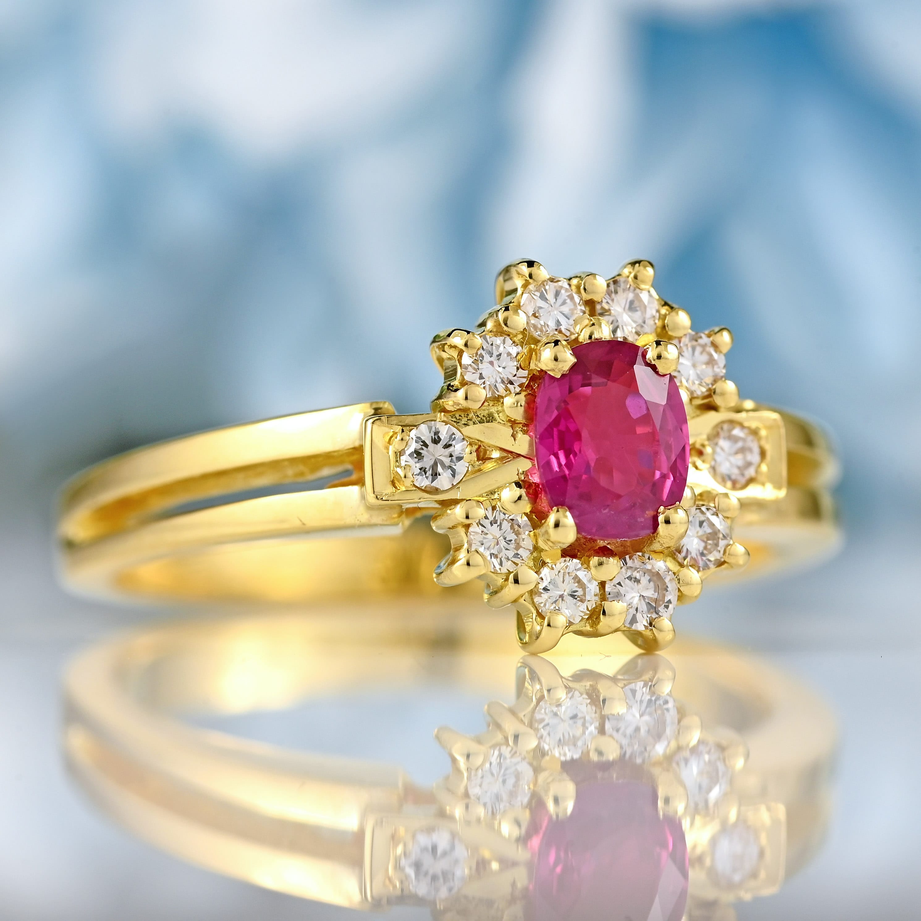 Ellibelle Jewellery Vintage 1986 Ruby & Diamond 18ct Gold Cluster Ring