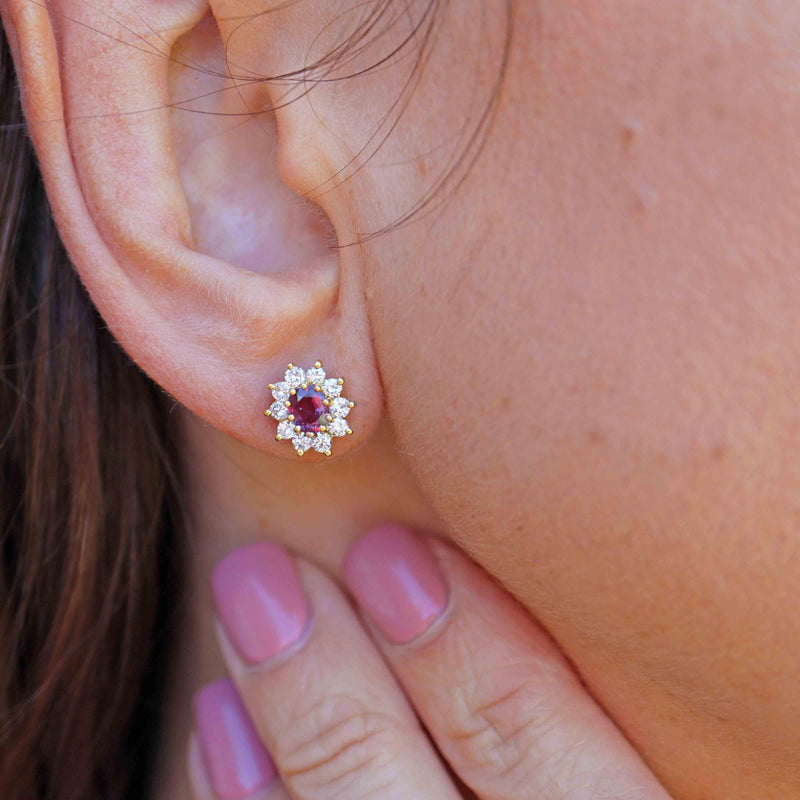Ellibelle Jewellery Vintage 1986 Ruby & Diamond 18ct Gold Oval Cluster Stud Earrings