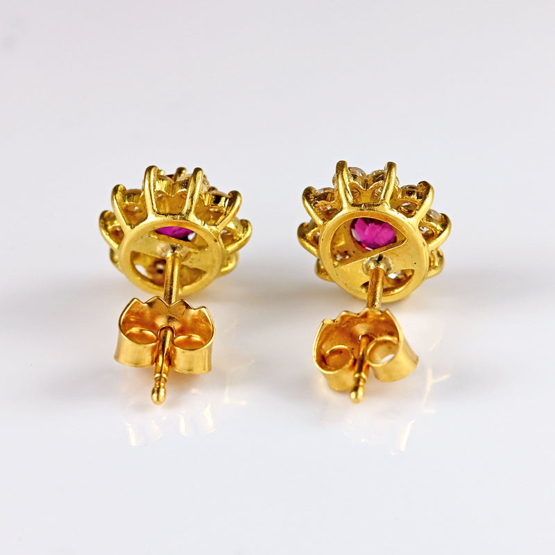 Ellibelle Jewellery Vintage 1986 Ruby & Diamond 18ct Gold Oval Cluster Stud Earrings