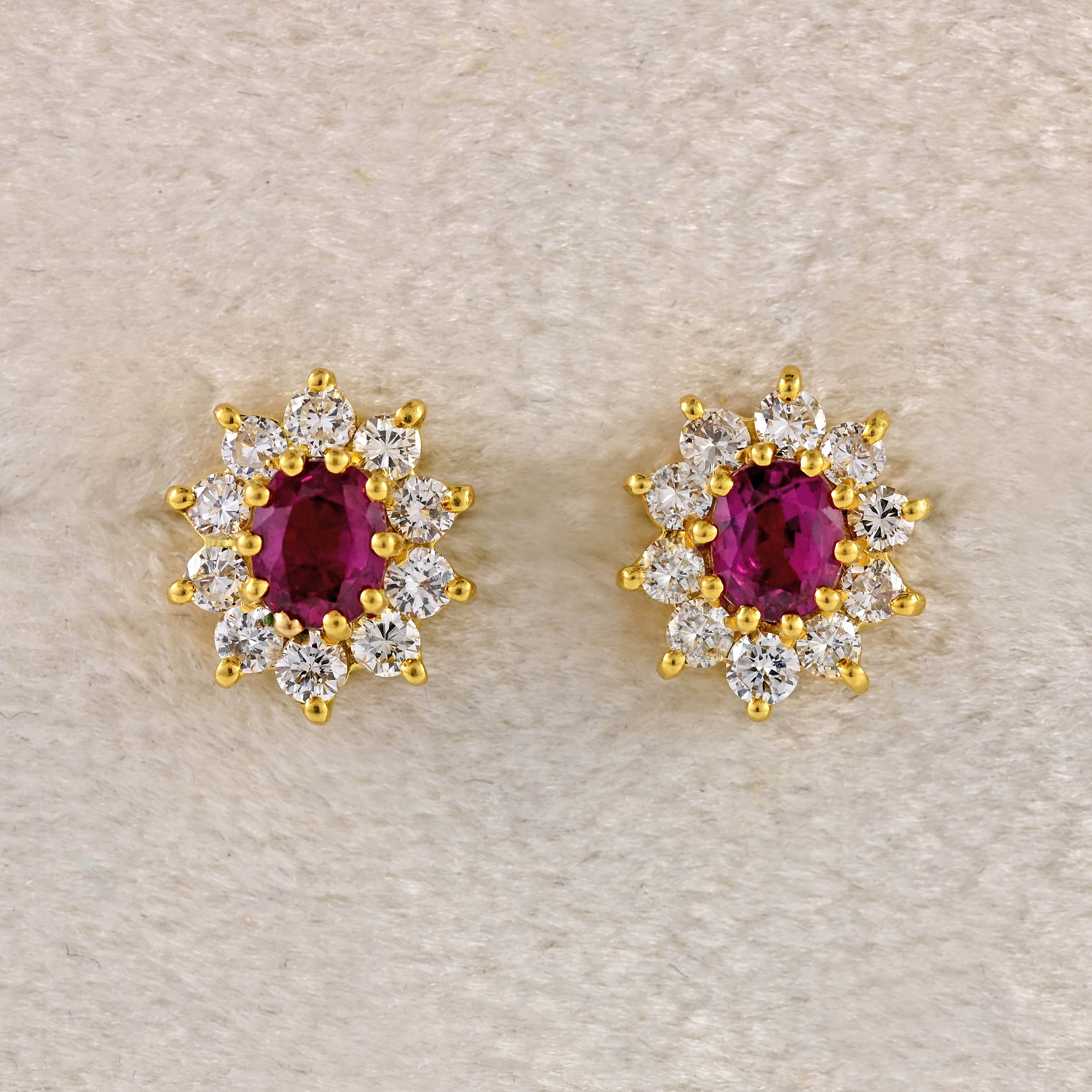 Ellibelle Jewellery Vintage 1986 Ruby & Diamond 18ct Gold Oval Cluster Stud Earrings