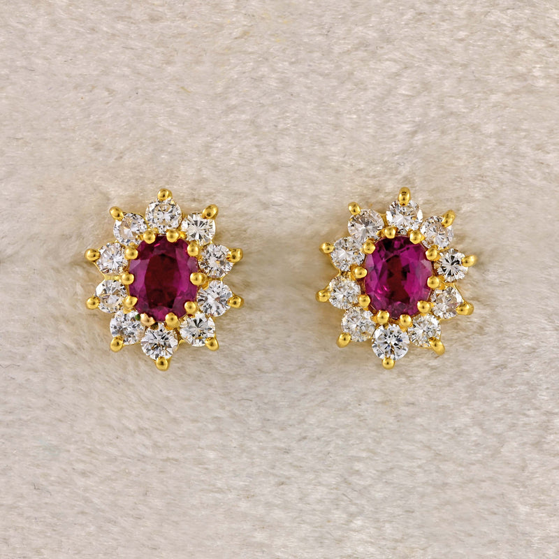 Ellibelle Jewellery Vintage 1986 Ruby & Diamond 18ct Gold Oval Cluster Stud Earrings