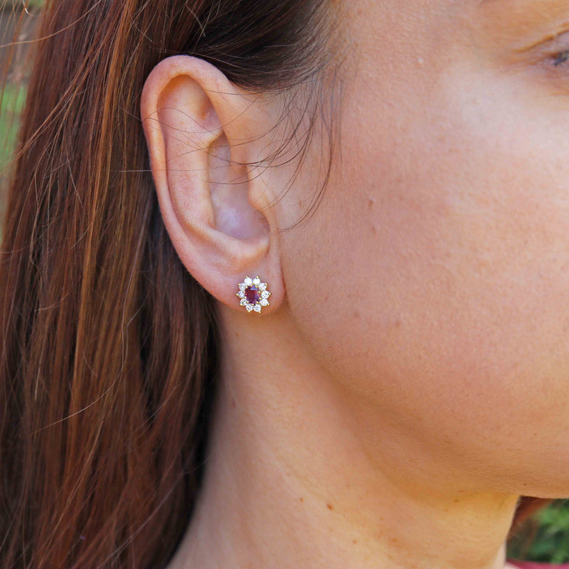Ellibelle Jewellery Vintage 1986 Ruby & Diamond 18ct Gold Oval Cluster Stud Earrings