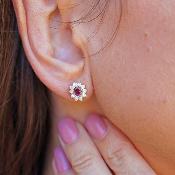 Ellibelle Jewellery Vintage 1986 Ruby & Diamond 18ct Gold Oval Cluster Stud Earrings