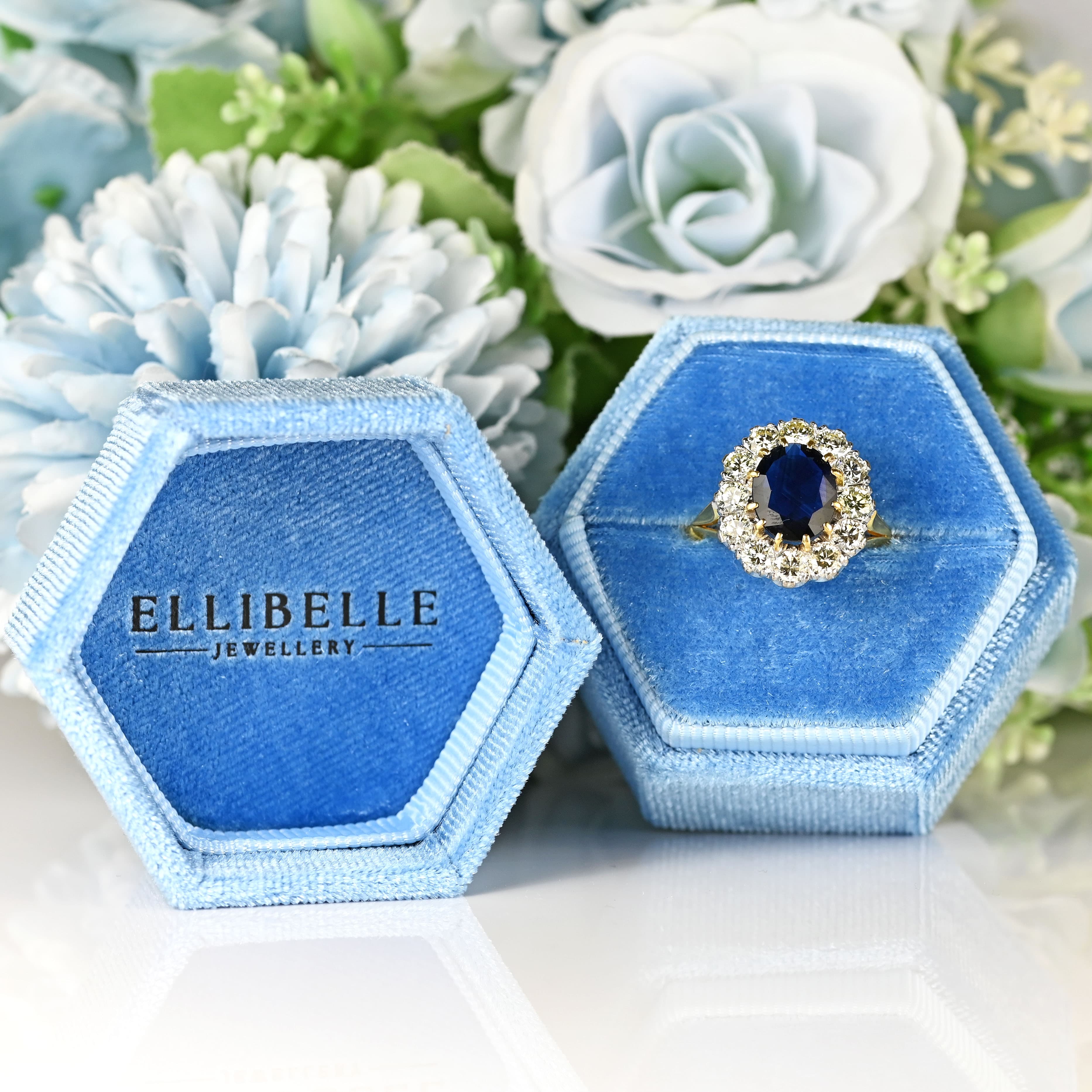 Ellibelle Jewellery Vintage 1986 Sapphire & Diamond 18ct Gold Cluster Engagement Ring (1.95cts)