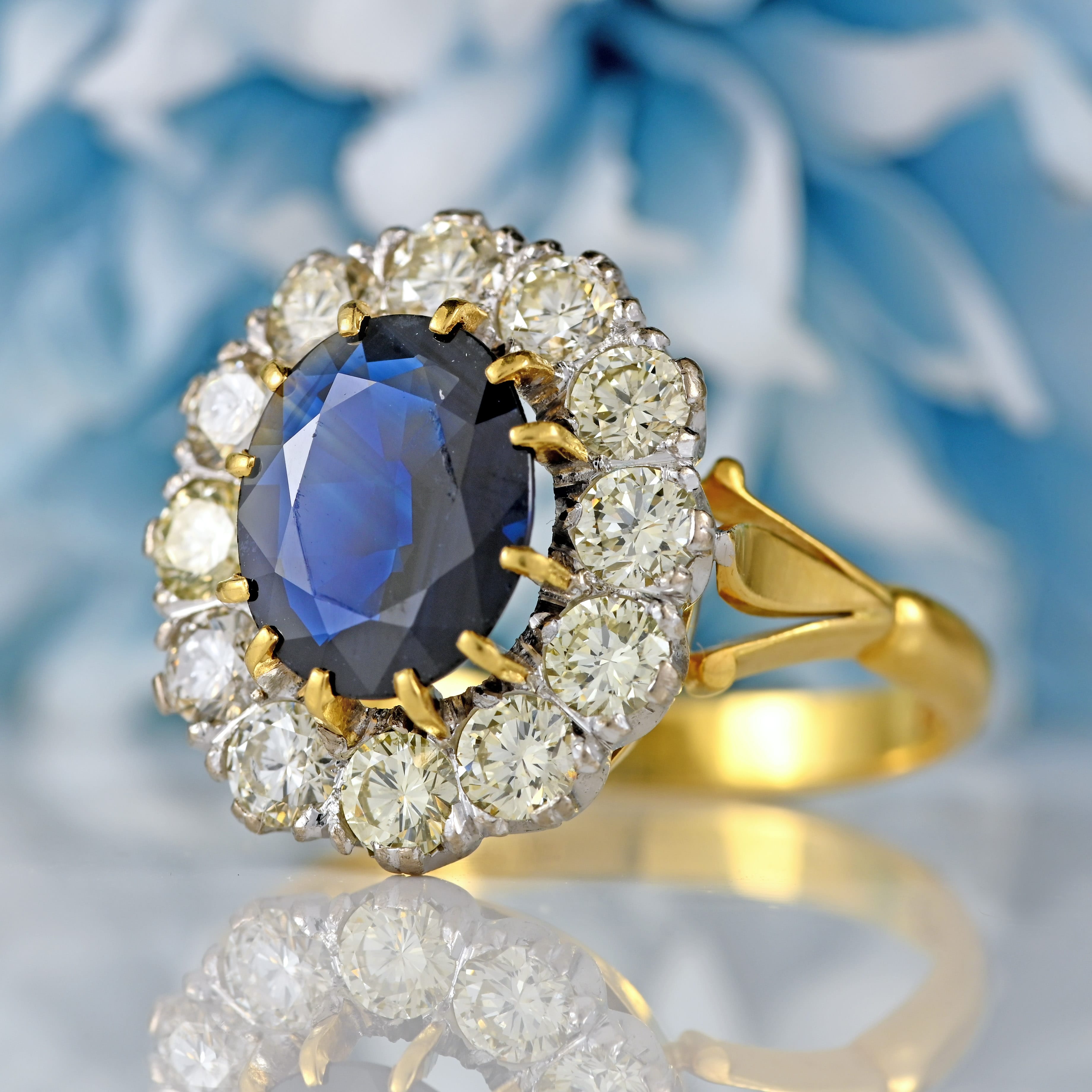 Ellibelle Jewellery Vintage 1986 Sapphire & Diamond 18ct Gold Cluster Engagement Ring (1.95cts)