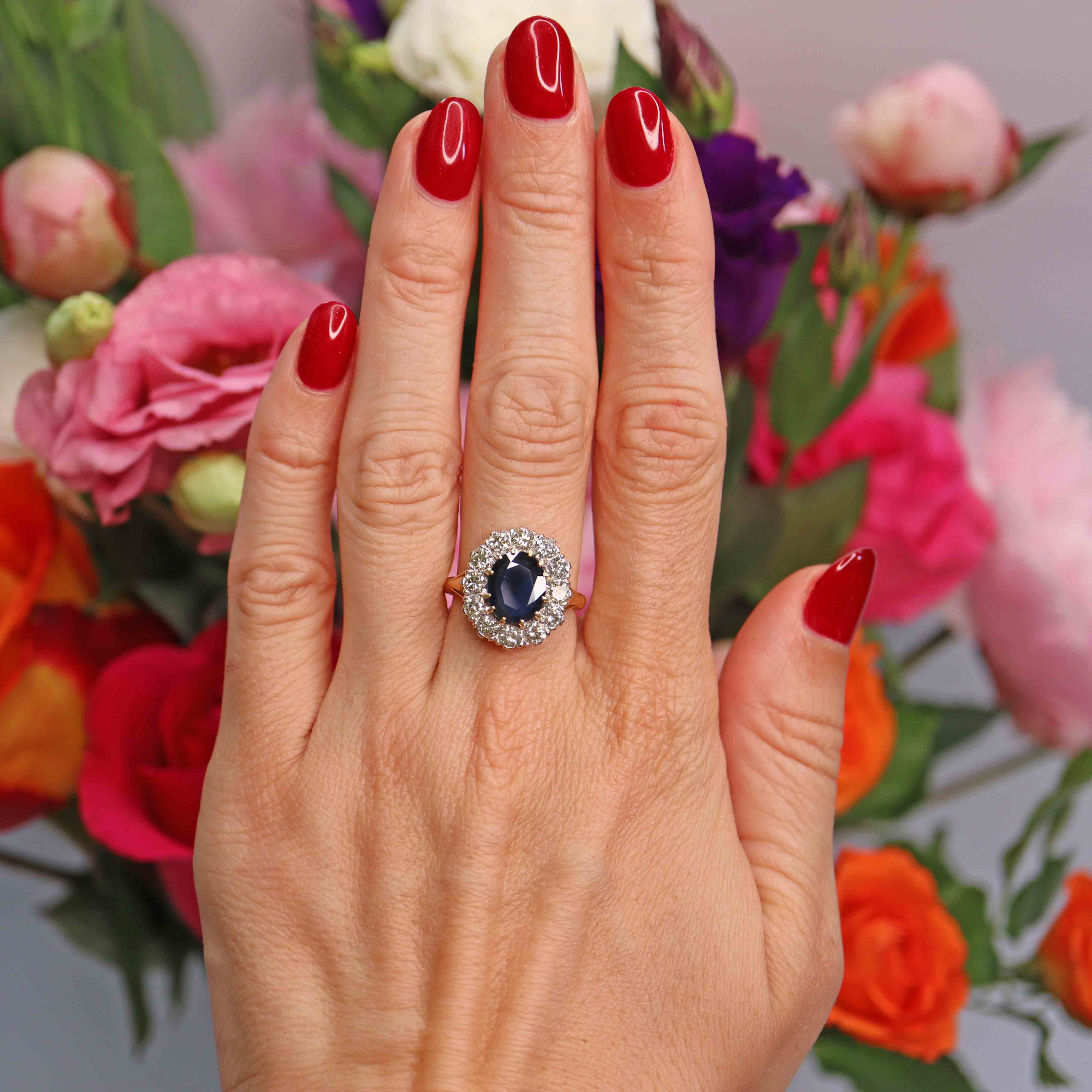 Ellibelle Jewellery Vintage 1986 Sapphire & Diamond 18ct Gold Cluster Engagement Ring (1.95cts)