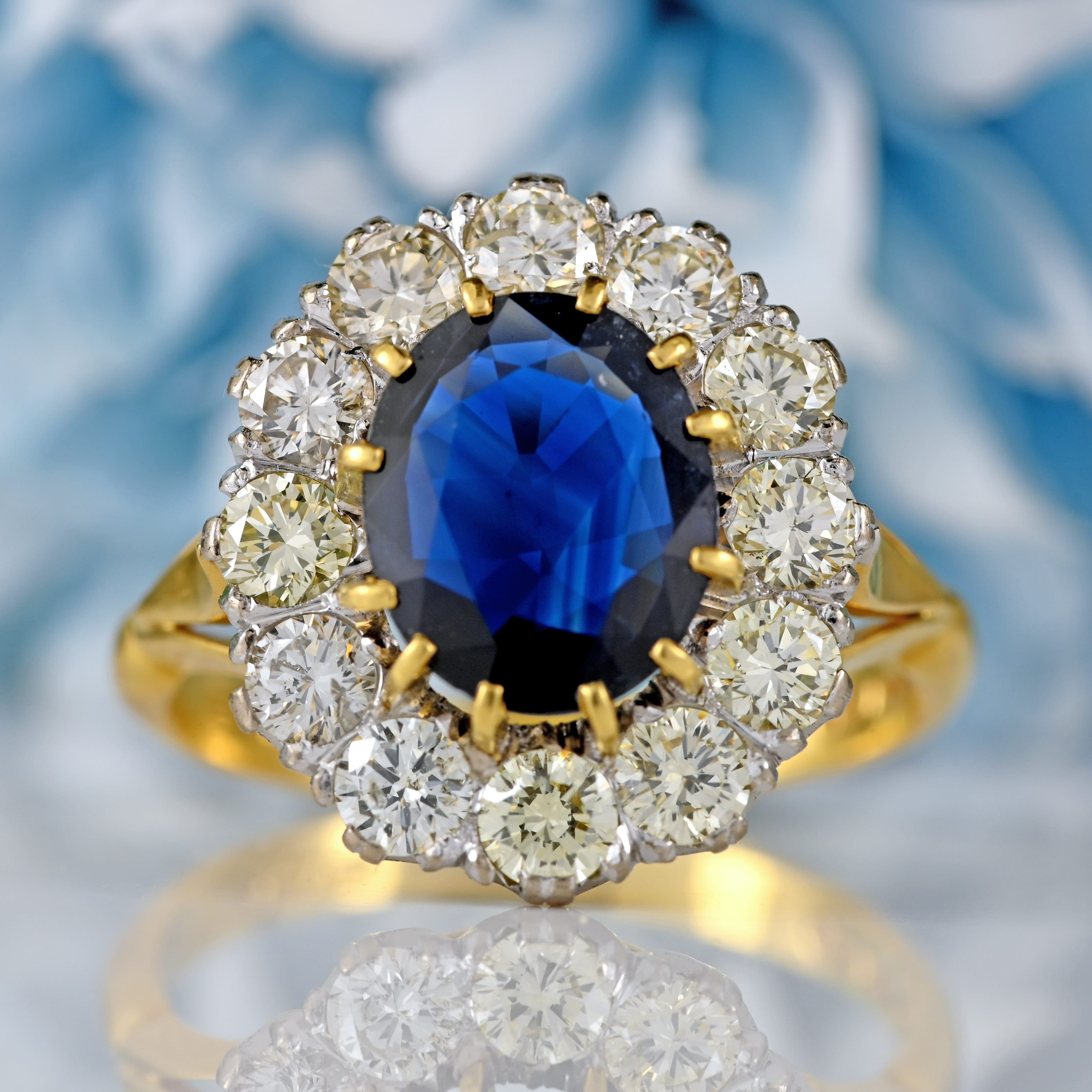 Ellibelle Jewellery Vintage 1986 Sapphire & Diamond 18ct Gold Cluster Engagement Ring (1.95cts)