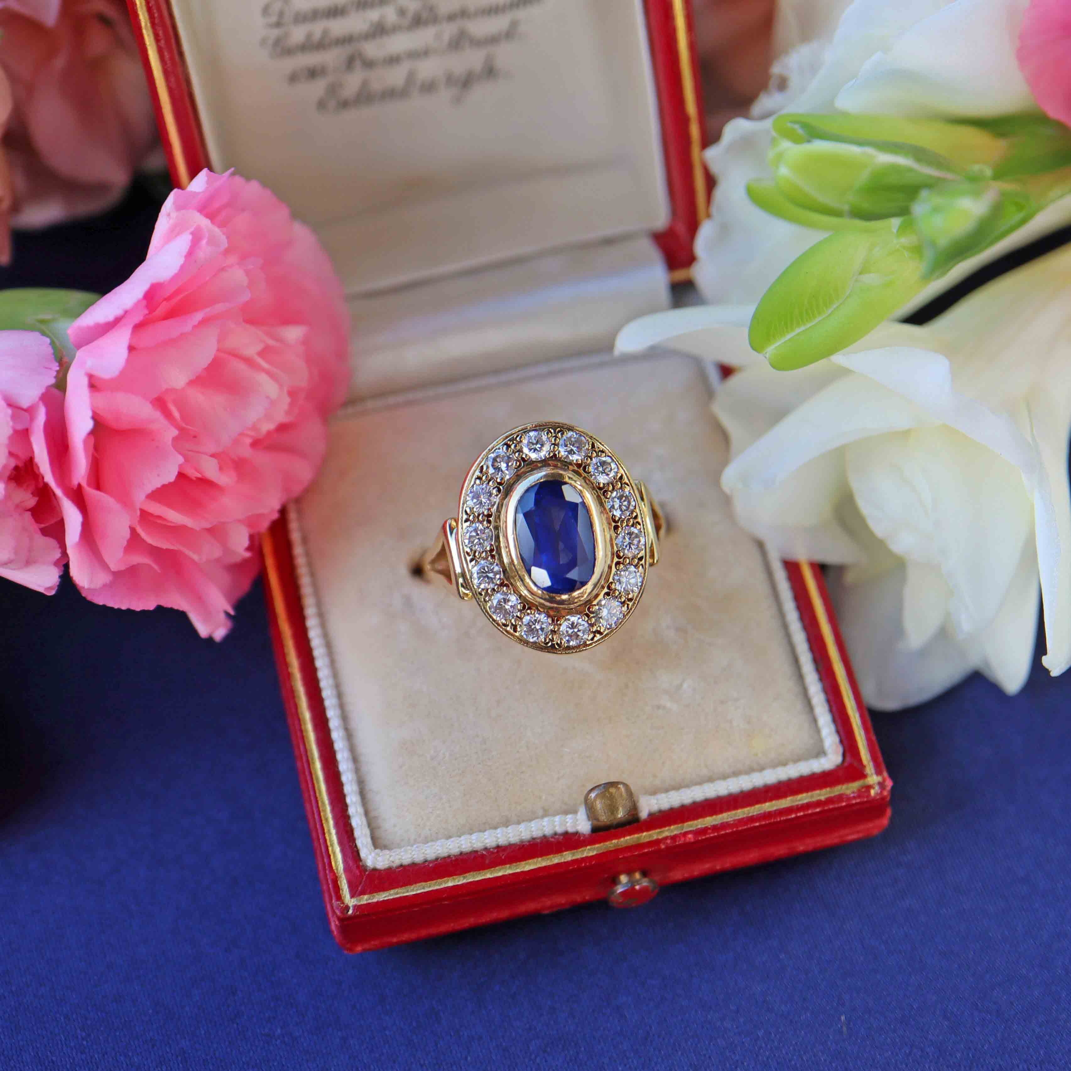 Ellibelle Jewellery Vintage 1986 Sapphire & Diamond 18ct Gold Cluster Engagement Ring (2.30cts)