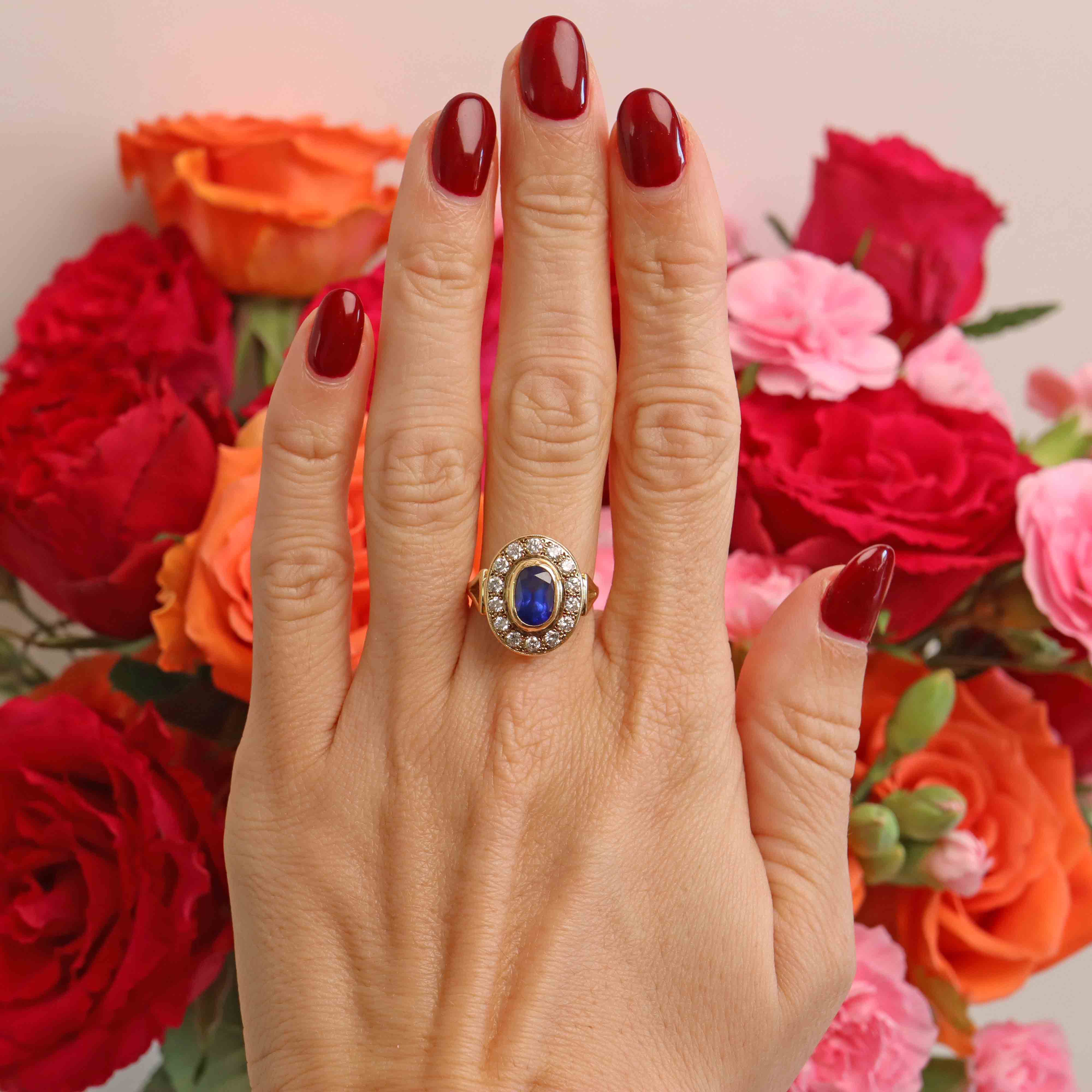 Ellibelle Jewellery Vintage 1986 Sapphire & Diamond 18ct Gold Cluster Engagement Ring (2.30cts)