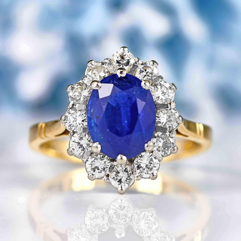 Ellibelle Jewellery Vintage 1986 Sapphire & Diamond 18ct Gold Cluster Engagement Ring (2.42ct)