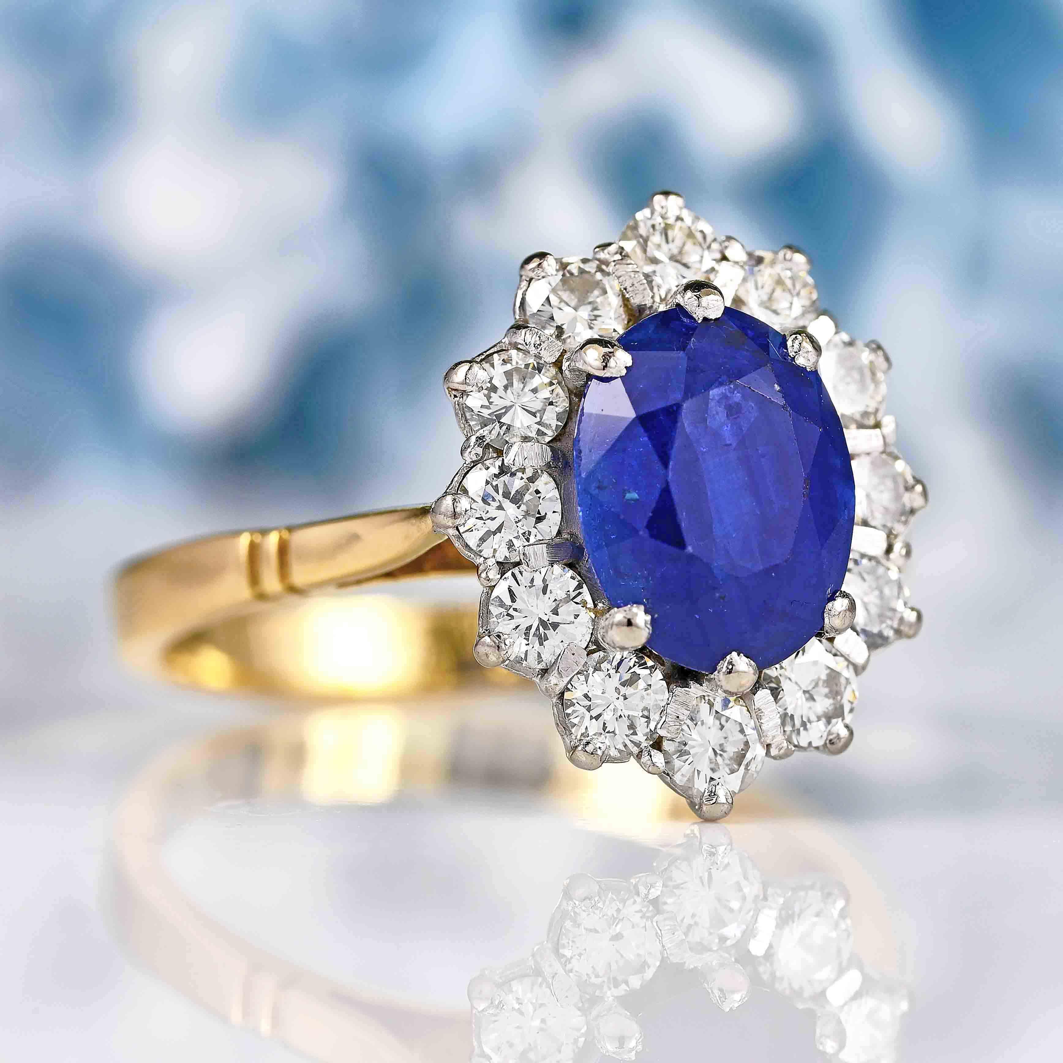 Ellibelle Jewellery Vintage 1986 Sapphire & Diamond 18ct Gold Cluster Engagement Ring (2.42ct)